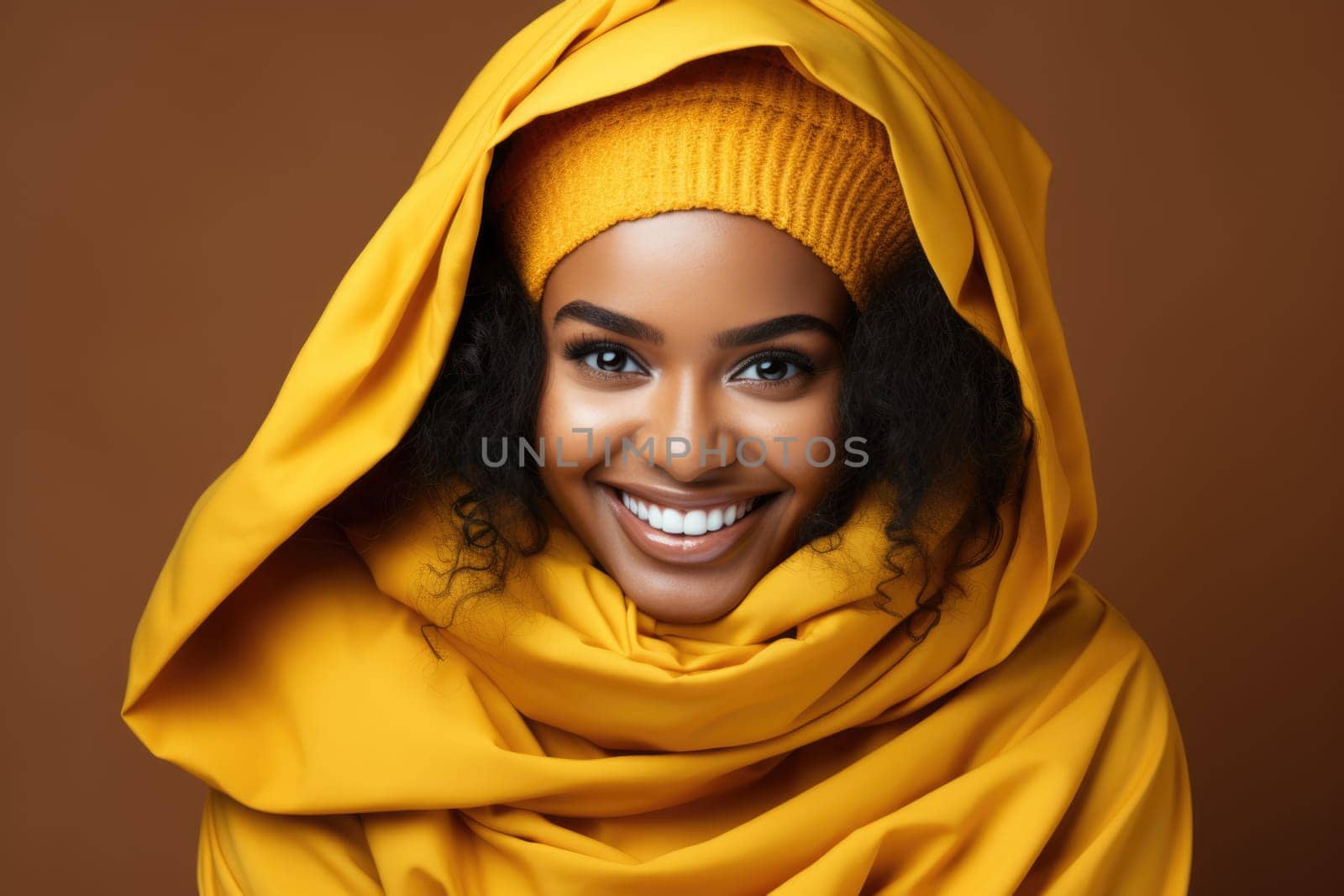 Excited african american female model smiling happily on yellow background. AI Generated