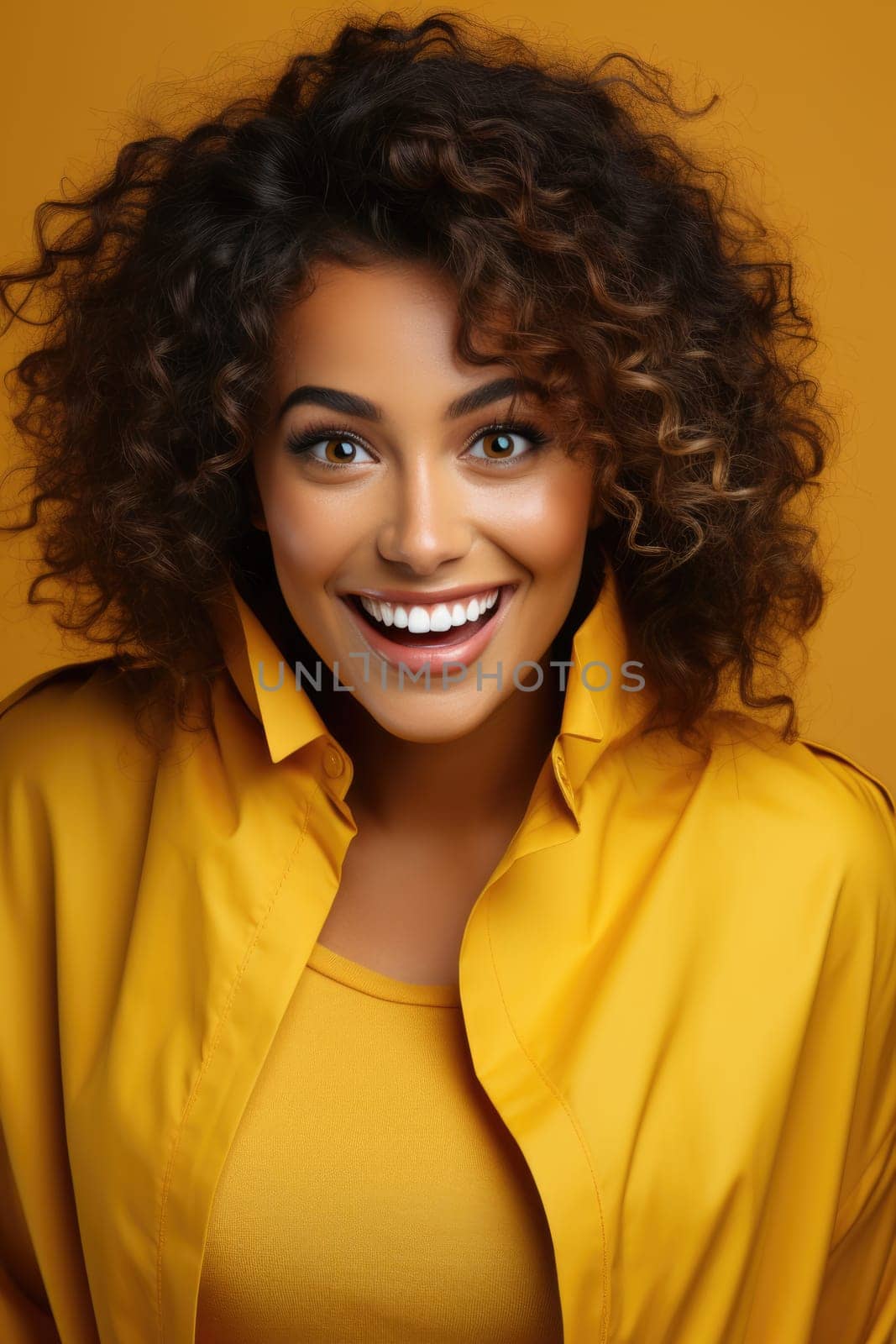 Excited female model smiling happily on yellow background. AI Generated by Desperada