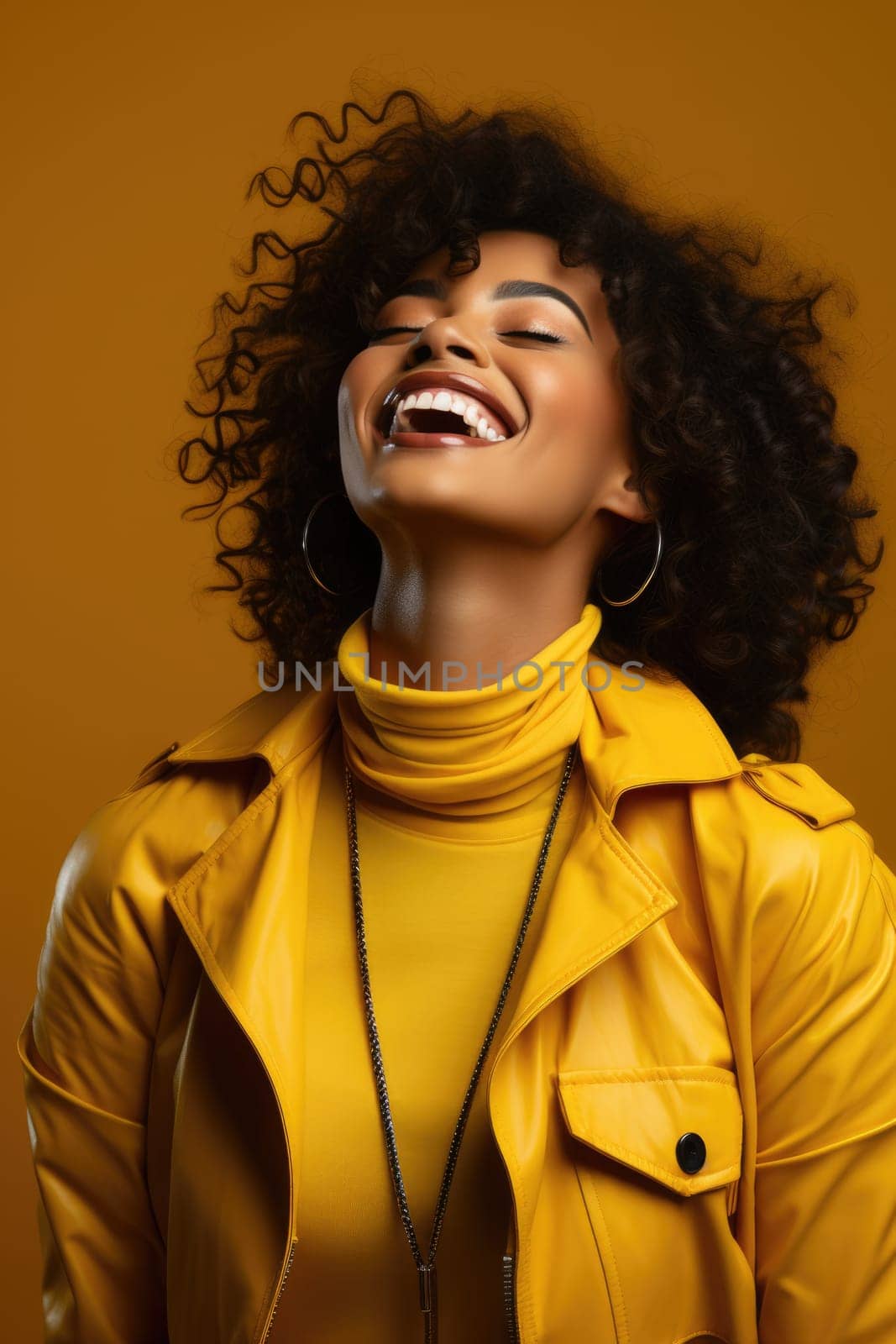 Excited african american female model smiling happily on yellow background. AI Generated