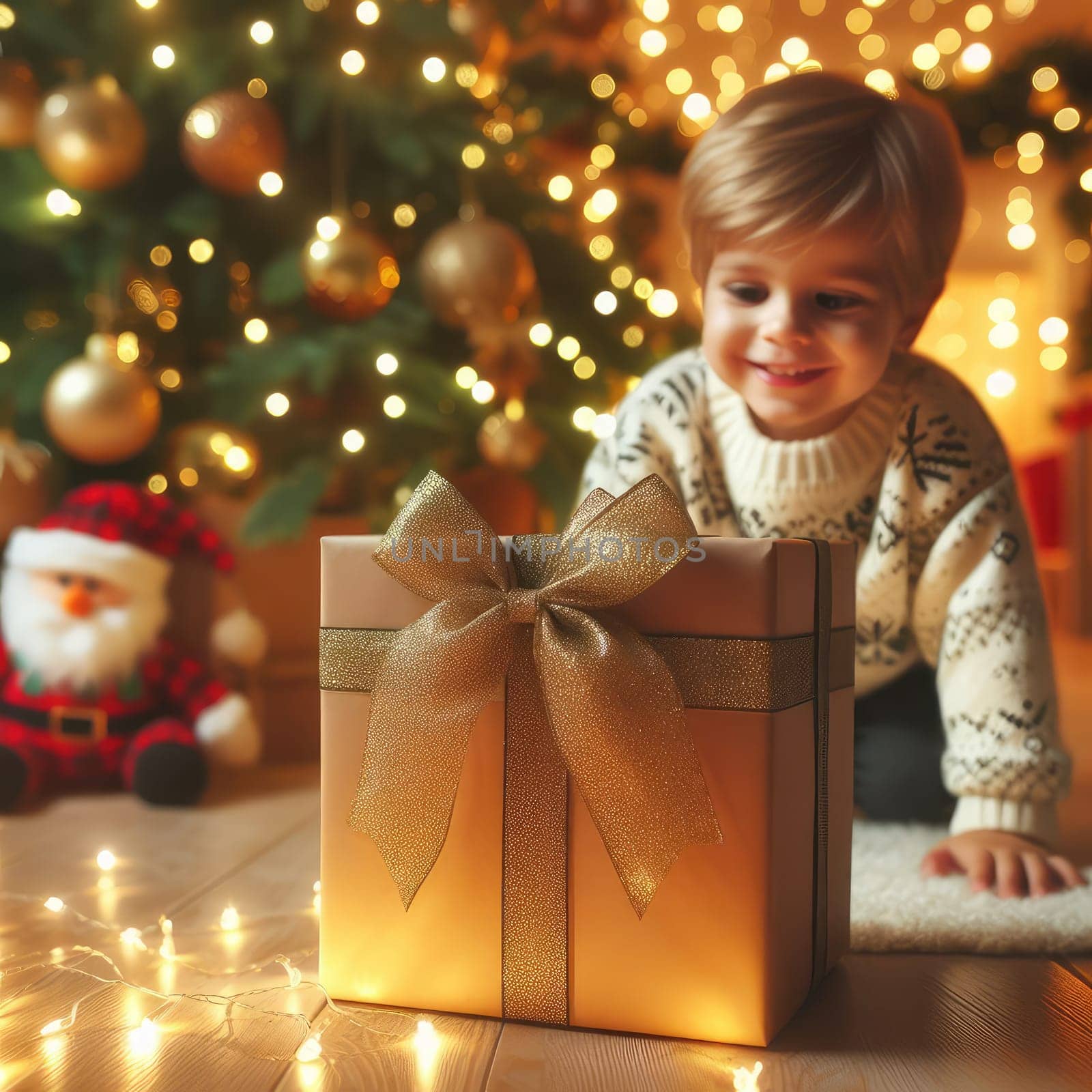 Merry Christmas and Happy Holidays! Cheerful cute childrens girls opening gifts. Kids wearing pajamas having fun near tree in the morning. Loving family with presents in room.