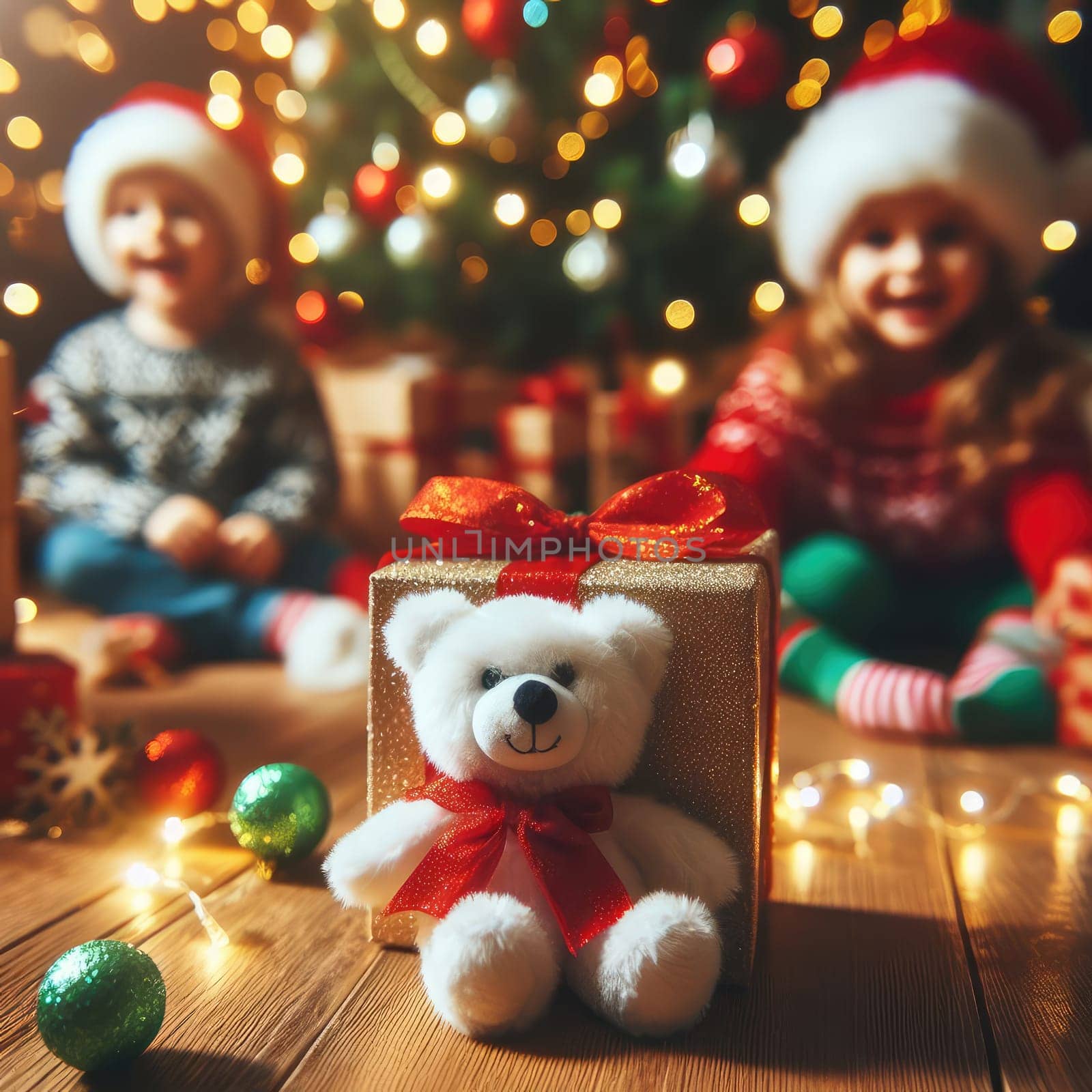 Merry Christmas and Happy Holidays! Cheerful cute childrens girls opening gifts. Kids wearing pajamas having fun near tree in the morning. Loving family with presents in room.