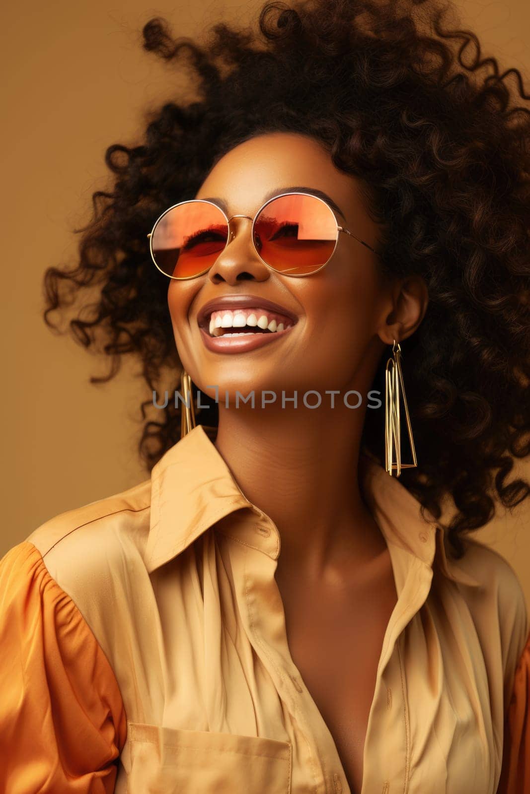 Excited female model smiling happily on beige background. AI Generated by Desperada