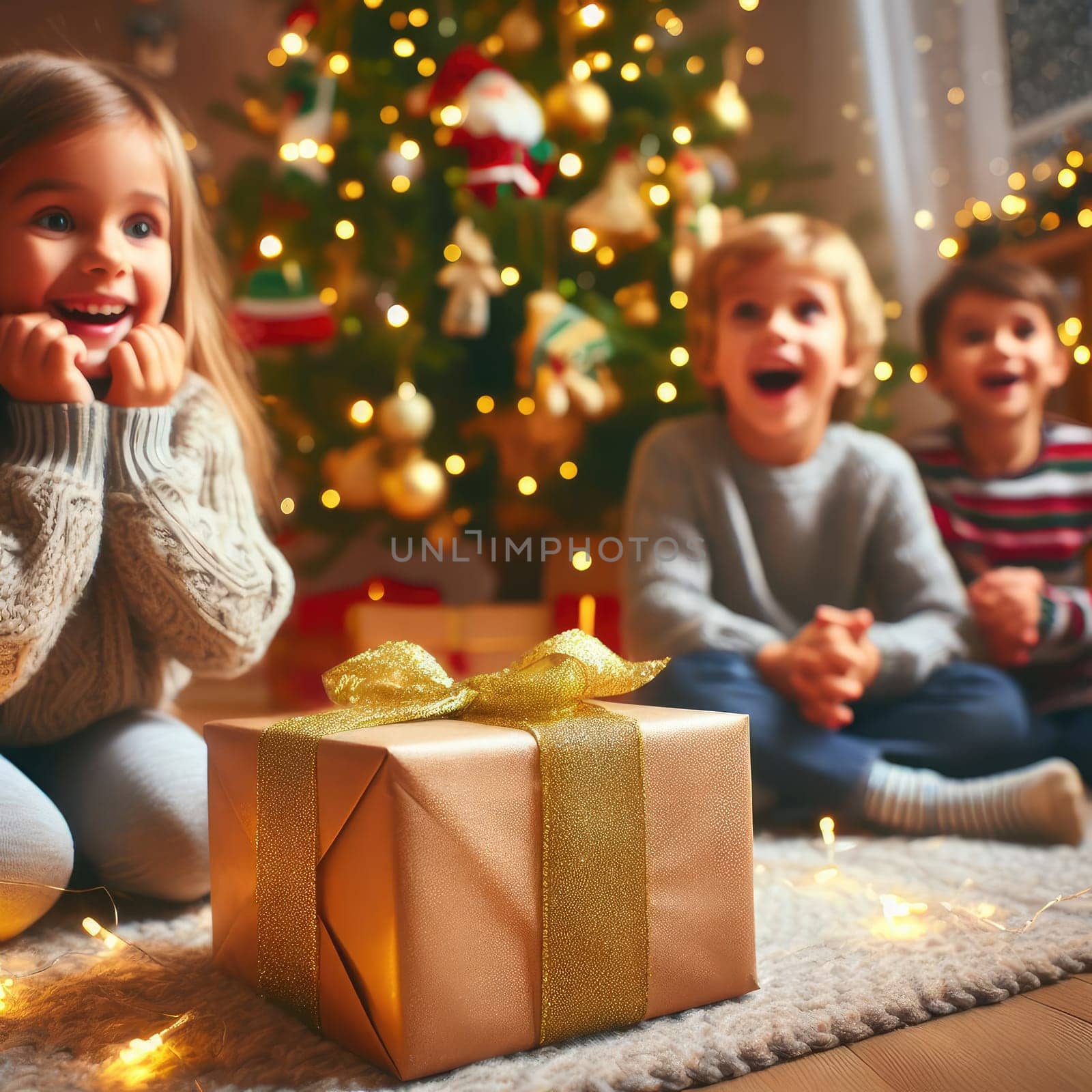 Merry Christmas and Happy Holidays! Cheerful cute childrens girls opening gifts. Kids wearing pajamas having fun near tree in the morning. Loving family with presents in room.