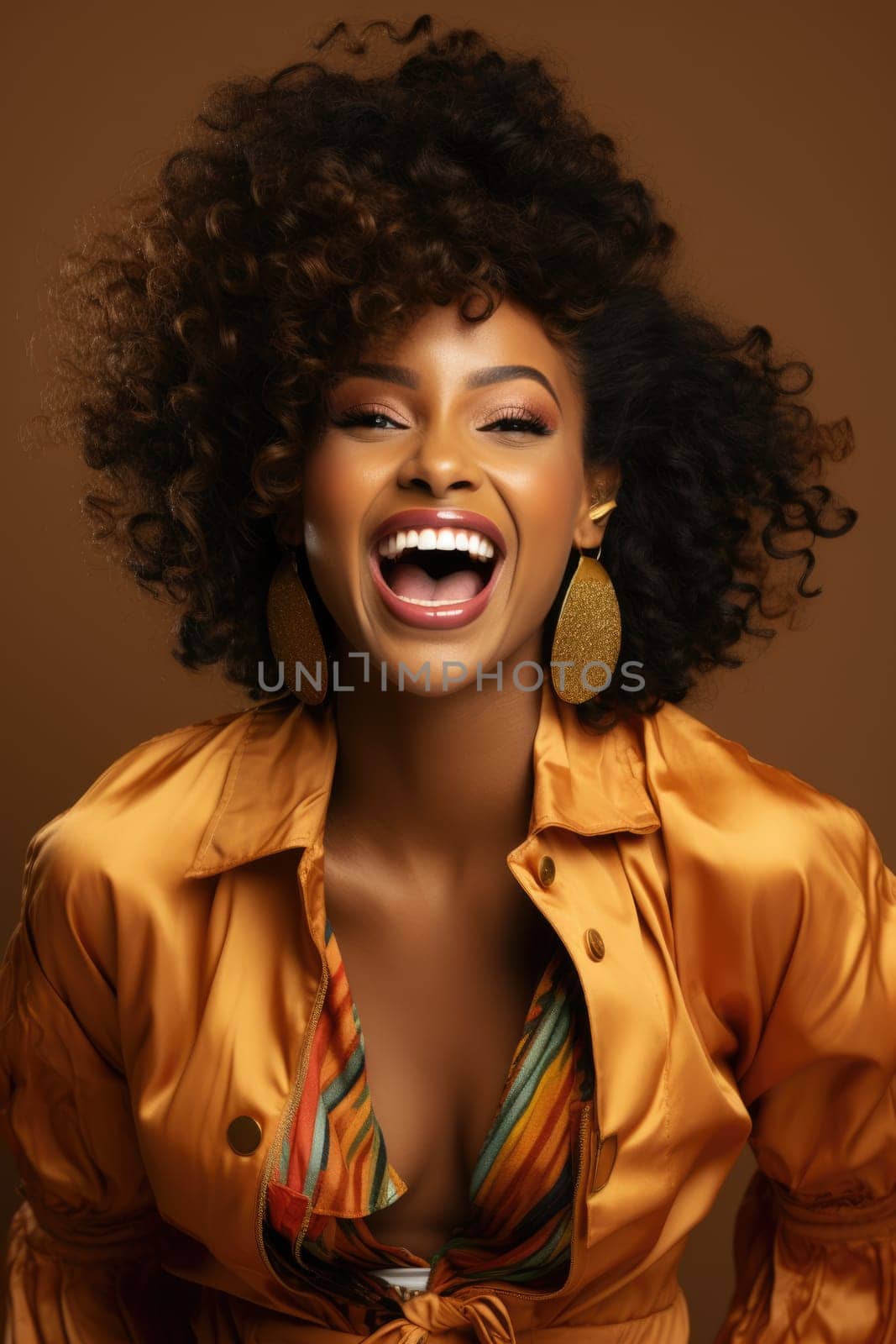 Excited female model smiling happily on beige background. AI Generated by Desperada