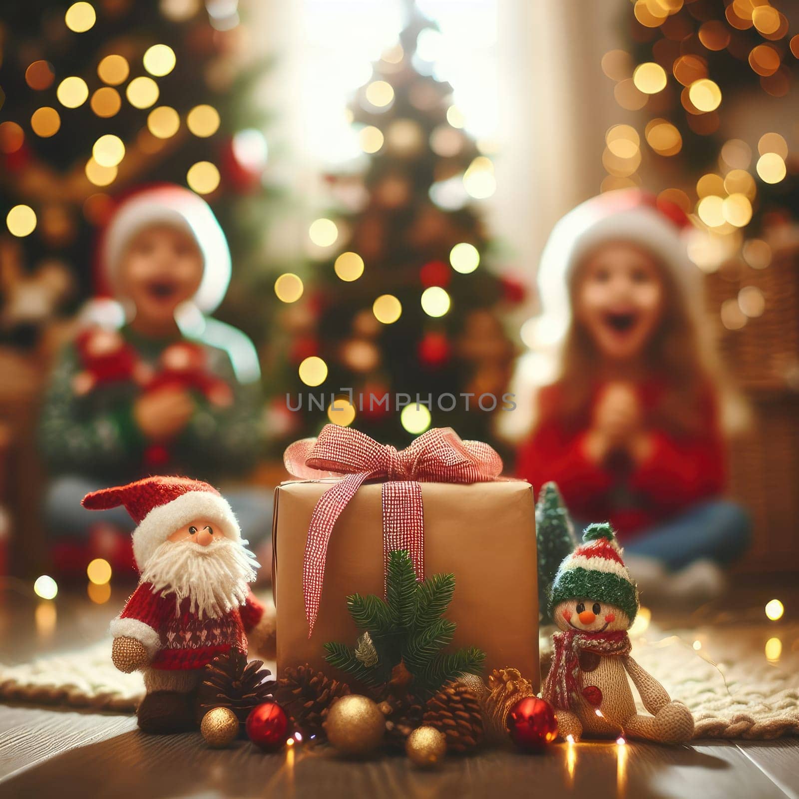 Merry Christmas and Happy Holidays! Cheerful cute childrens girls opening gifts. Kids wearing pajamas having fun near tree in the morning. Loving family with presents in room.