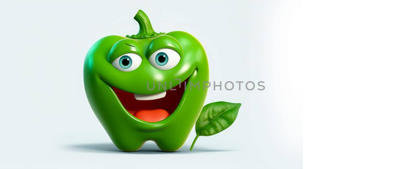 Green pepper with a cheerful face 3D on a white background. Cartoon characters, three-dimensional character, healthy lifestyle, proper nutrition, diet, fresh vegetables and fruits, vegetarianism, veganism, food, breakfast, fun, laughter, banner