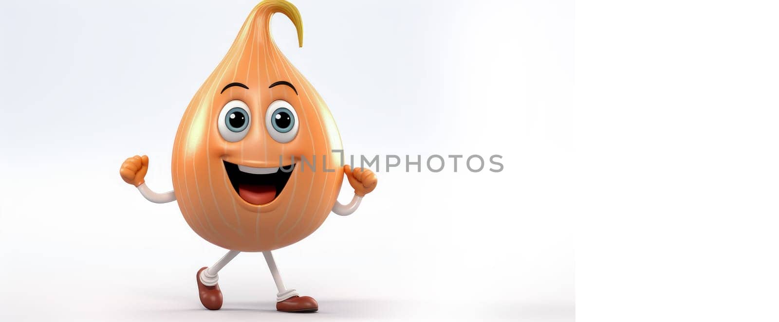 Onion with a cheerful face 3D on a white background. Cartoon characters, three-dimensional character, healthy lifestyle, proper nutrition, diet, fresh vegetables and fruits, vegetarianism, veganism, food, breakfast, fun, laughter, banner