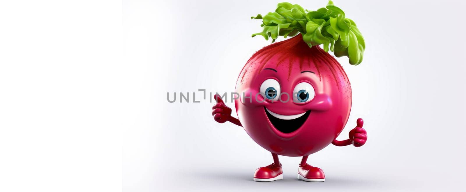 Purple beet with a cheerful face 3D on a white background. Cartoon characters, three-dimensional character, healthy lifestyle, proper nutrition, diet, fresh vegetables and fruits, vegetarianism, veganism, food, breakfast, fun, laughter, banner