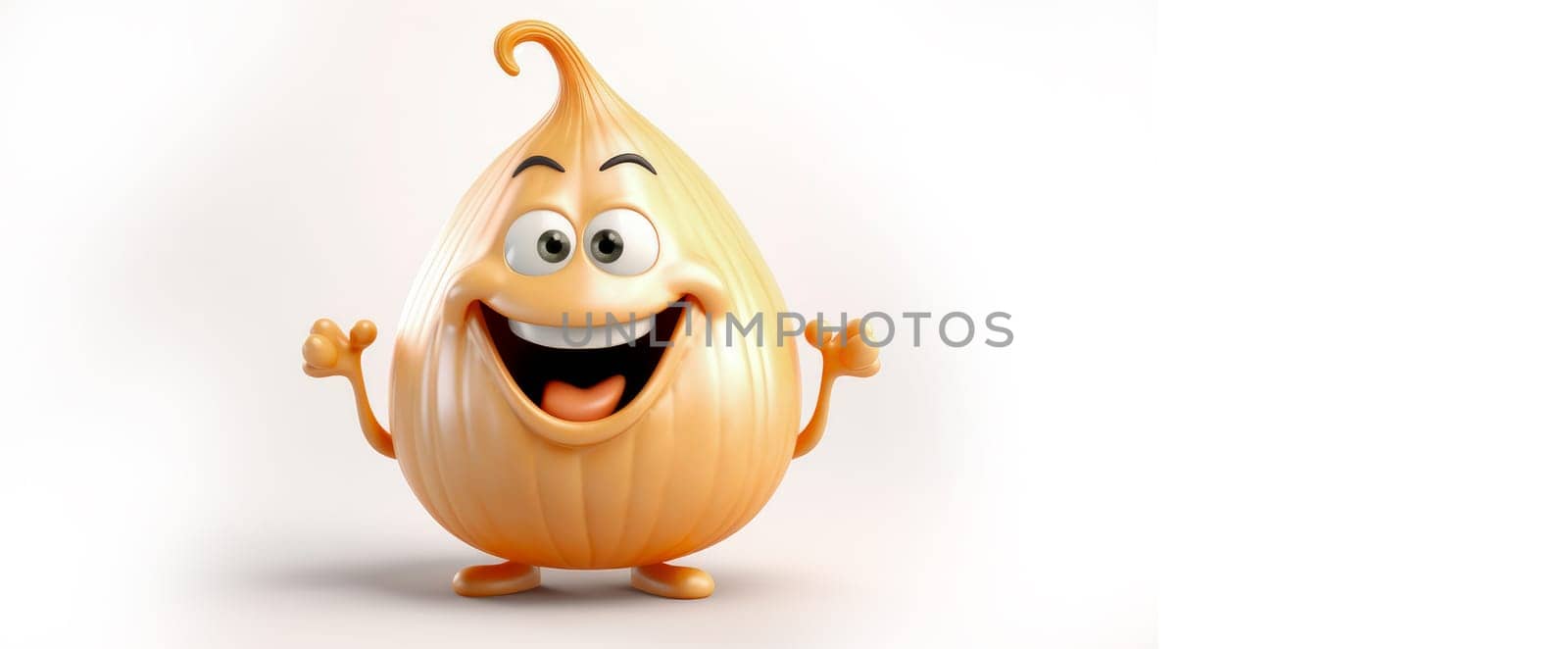 Garlic with a cheerful face 3D on a white background. Cartoon characters, three-dimensional character, healthy lifestyle, proper nutrition, diet, fresh vegetables and fruits, vegetarianism, veganism, food, breakfast, fun, laughter, banner