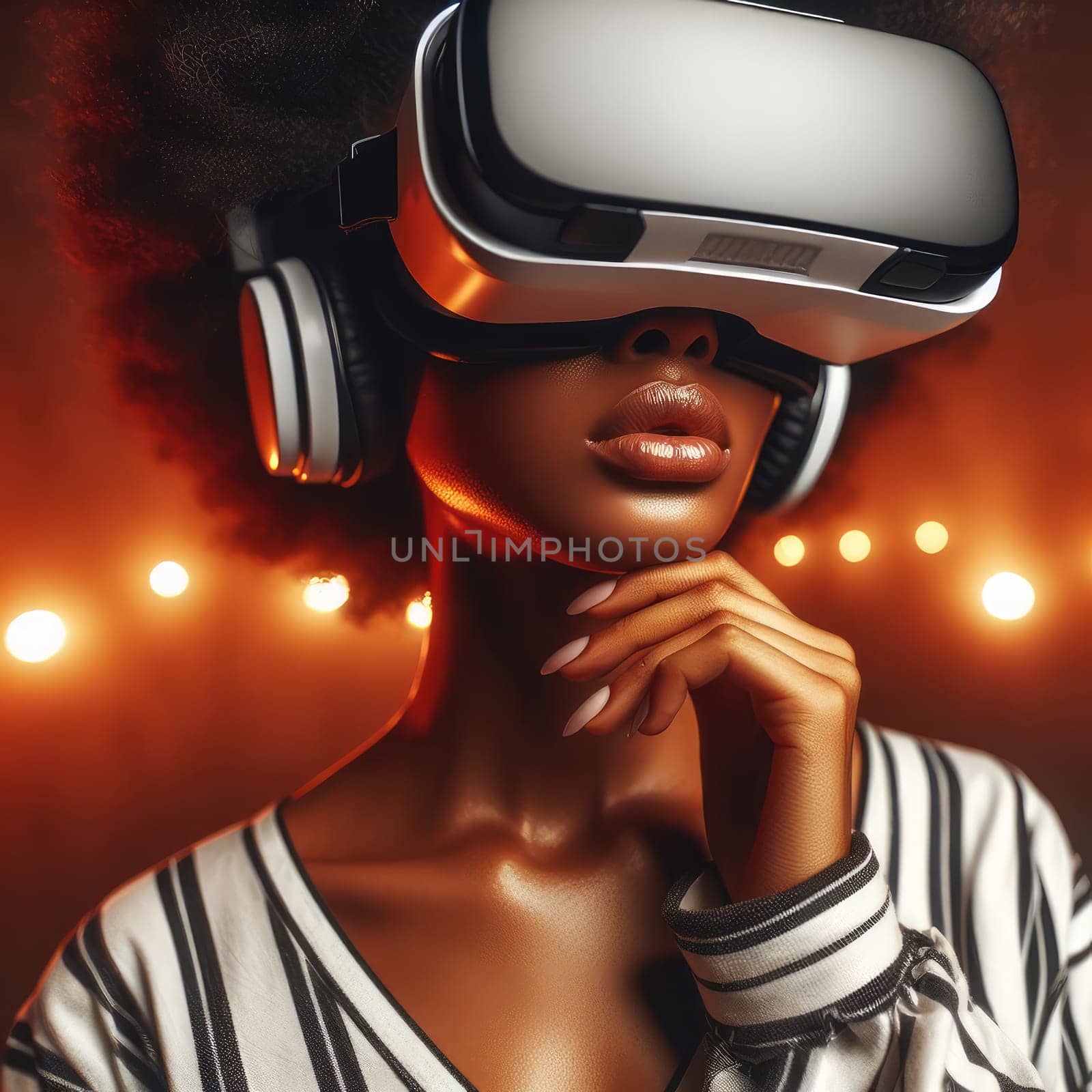 Metaverse technology concept. Woman with VR virtual reality goggles is working in the office. Futuristic lifestyle by Kobysh