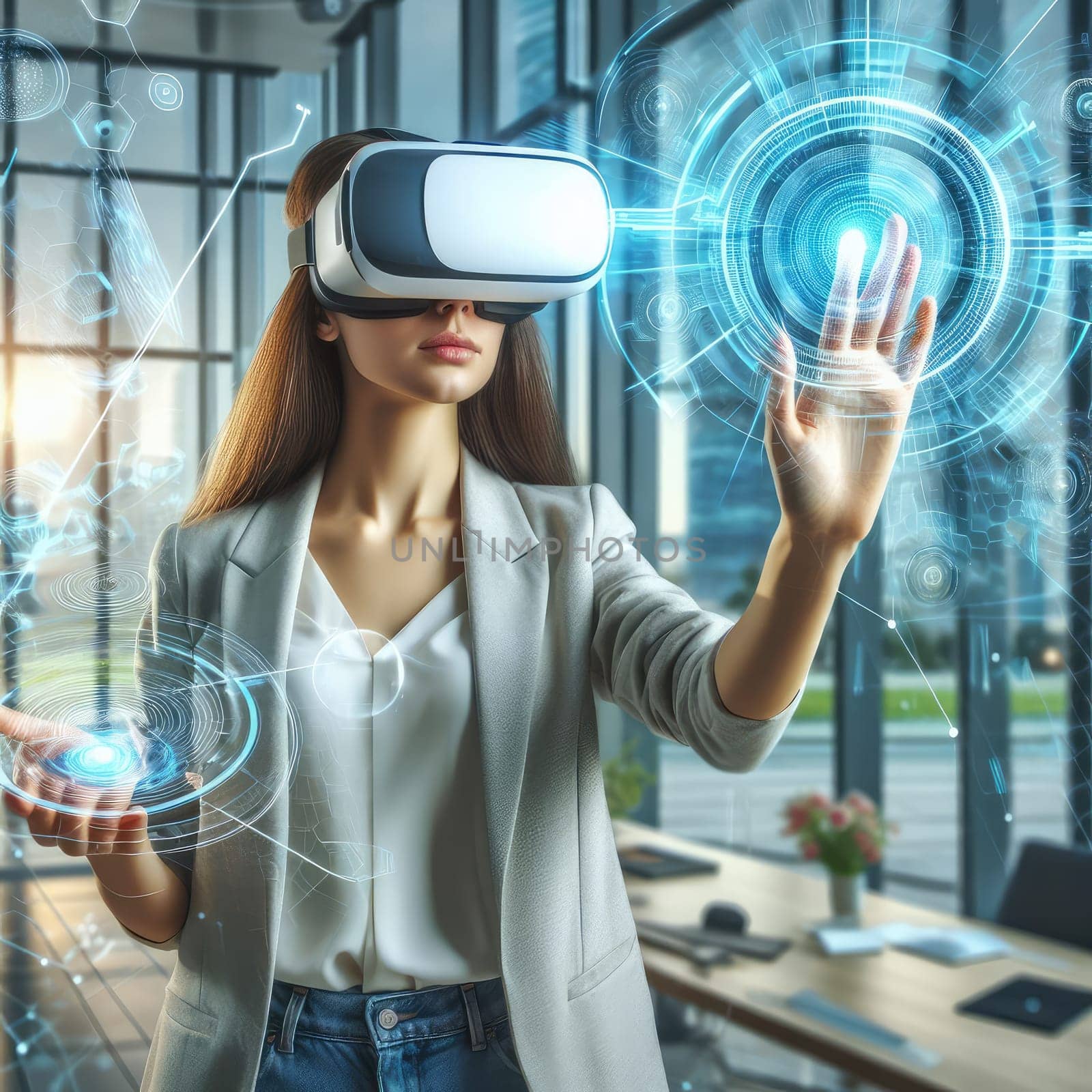 Metaverse technology concept. Woman with VR virtual reality goggles is working in the office. Futuristic lifestyle.