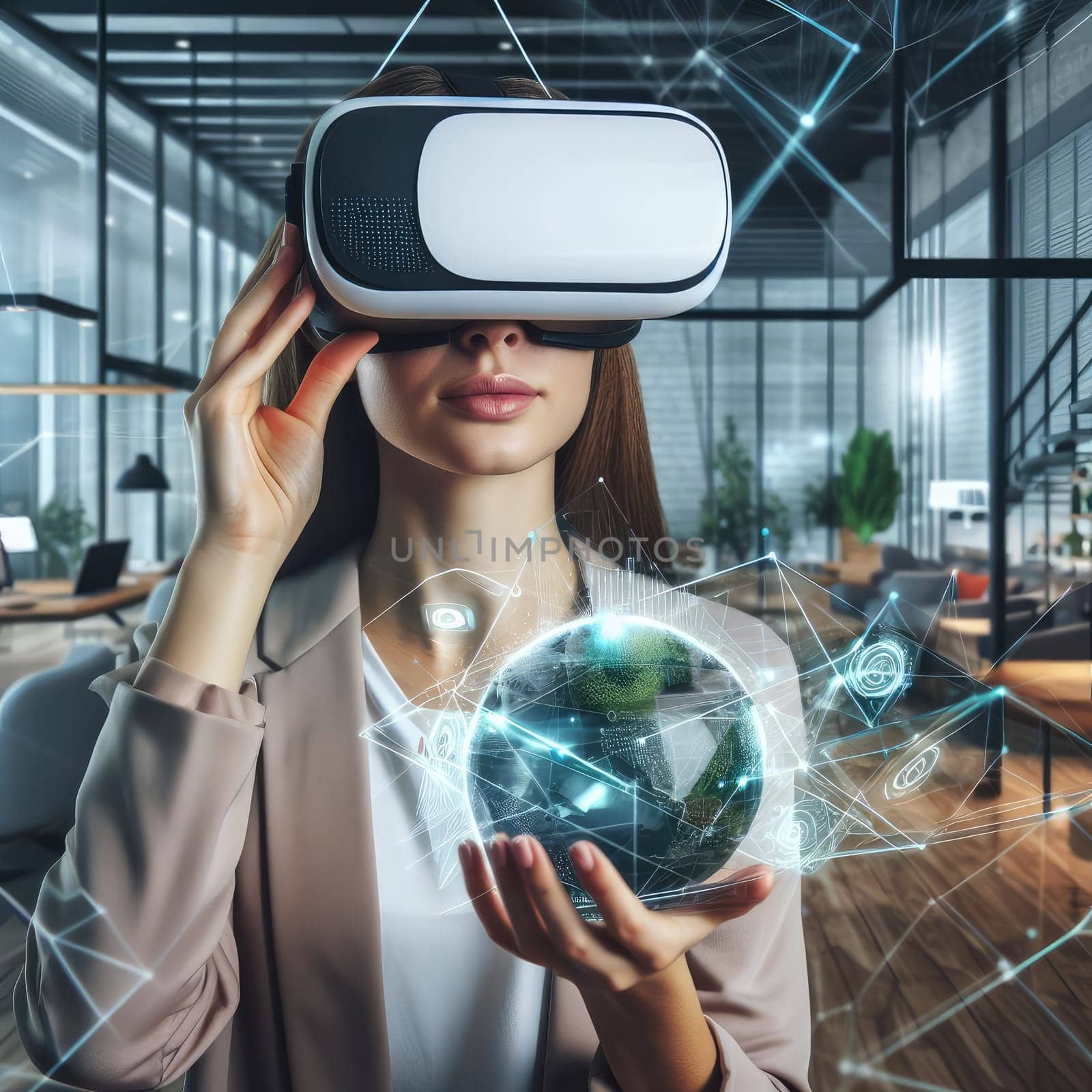 Metaverse technology concept. Woman with VR virtual reality goggles is working in the office. Futuristic lifestyle.