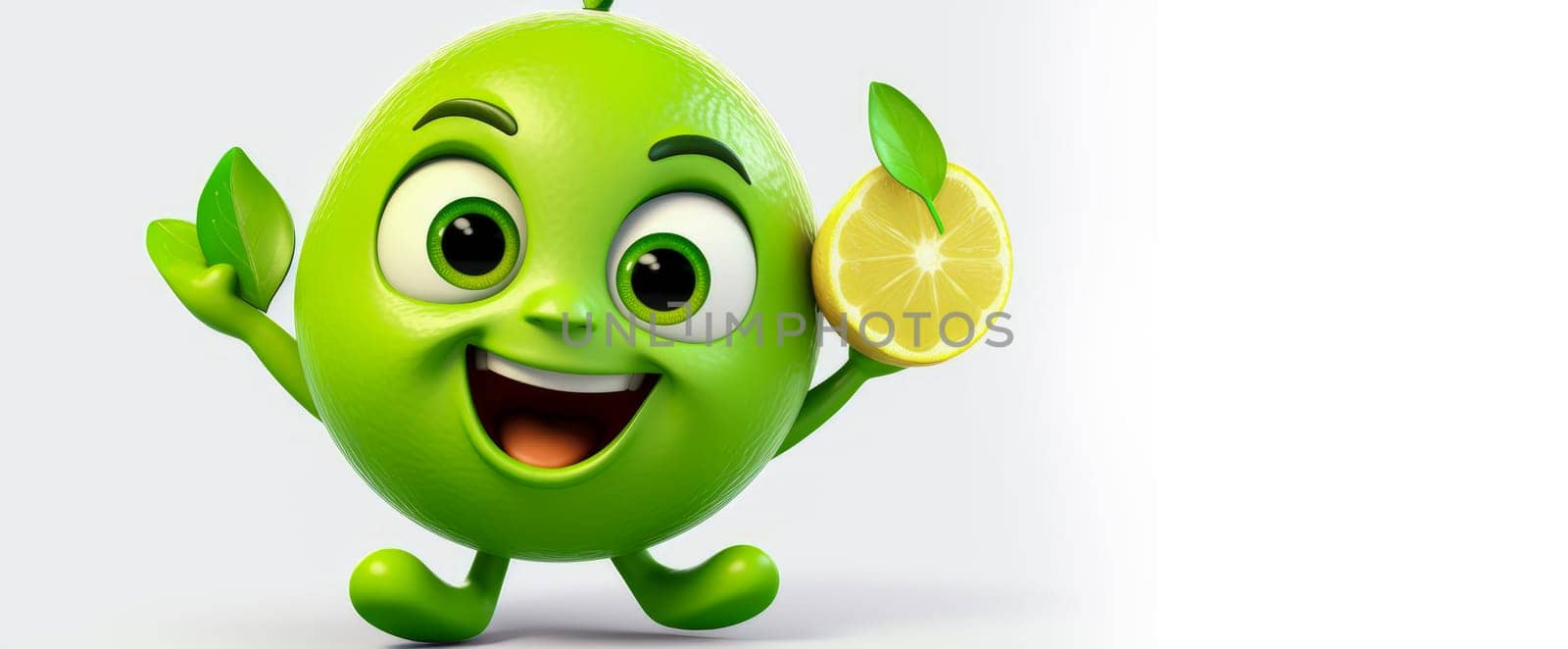 Green lime with a cheerful face 3D on a white background. Cartoon characters, three-dimensional character, healthy lifestyle, proper nutrition, diet, fresh vegetables and fruits, vegetarianism, veganism, food, breakfast, fun, laughter, banner