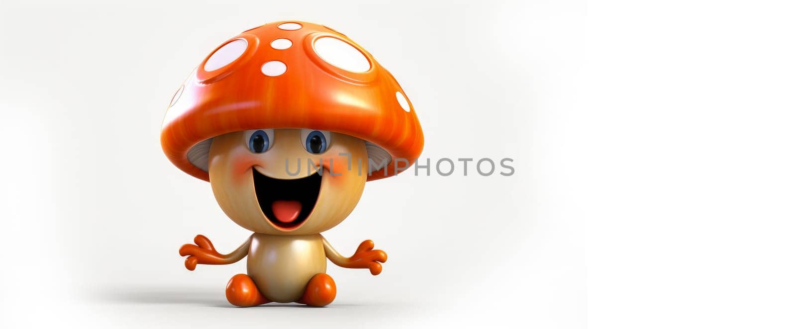 Champignon with a cheerful face 3D on a white background. Cartoon characters, three-dimensional character, healthy lifestyle, proper nutrition, diet, fresh vegetables and fruits, vegetarianism, veganism, food, breakfast, fun, laughter, banner