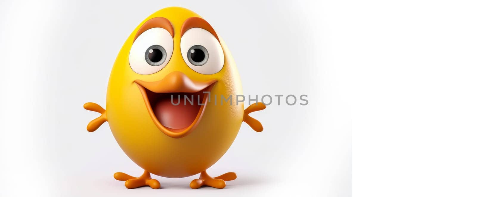 Chicken egg with a cheerful face 3D on a white background. Cartoon characters, three-dimensional character, healthy lifestyle, proper nutrition, diet, fresh vegetables and fruits, vegetarianism, veganism, food, breakfast, fun, laughter, banner