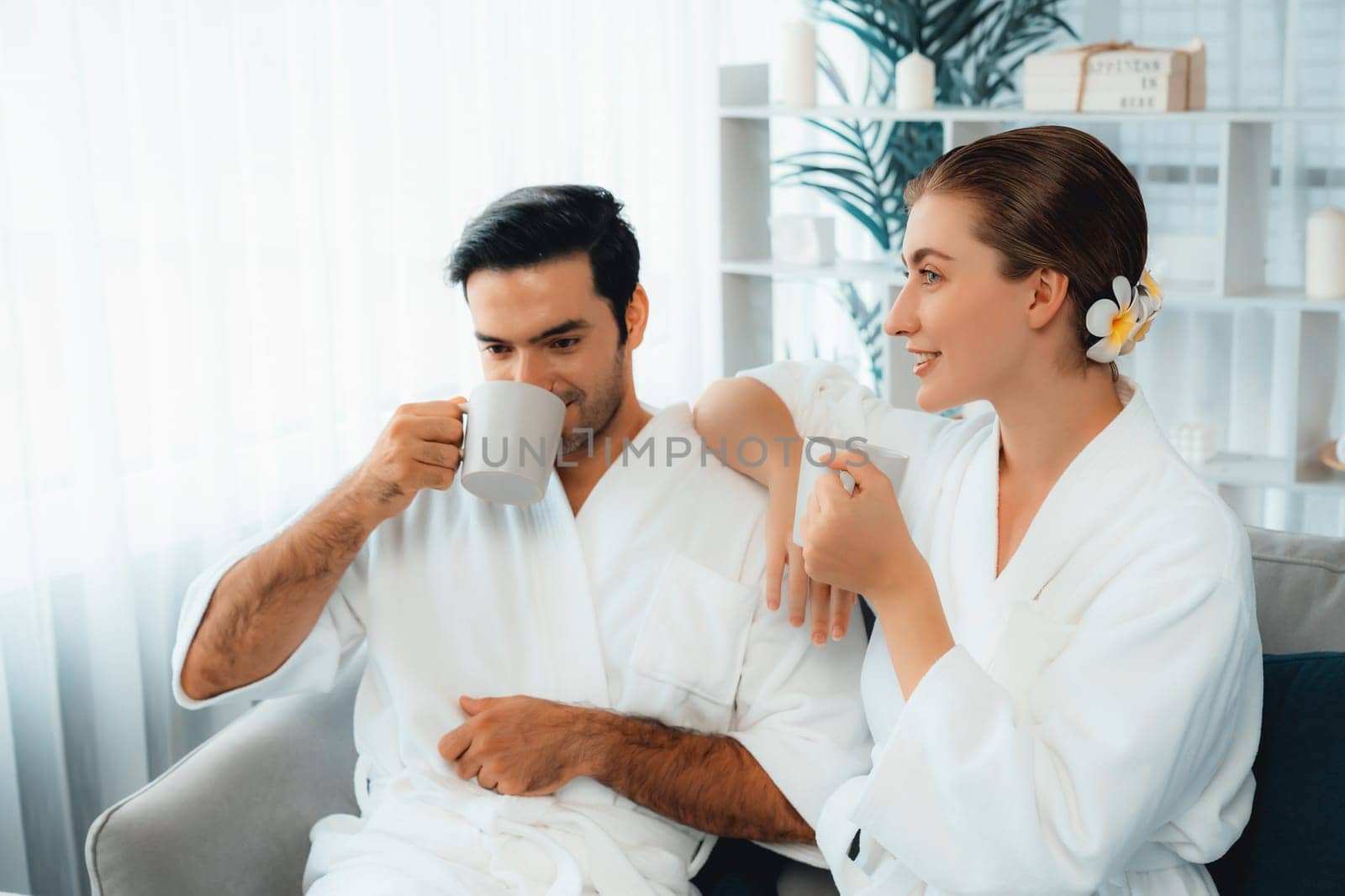 Beauty or body treatment spa salon vacation lifestyle concept with couple wearing bathrobe relaxing with drinks in luxurious hotel spa or resort room. Vacation and leisure relaxation. Quiescent