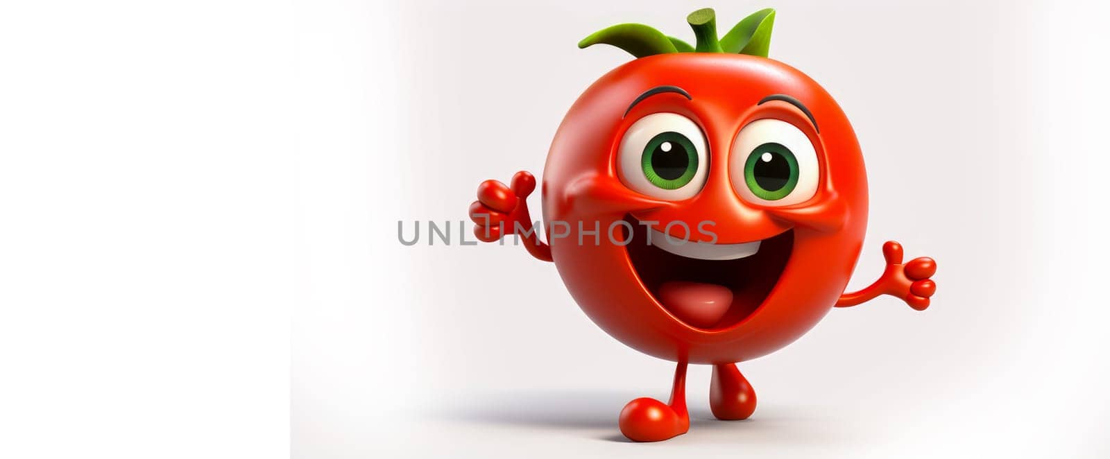Cherry tomatoes with a cheerful face 3D on a white background. Cartoon characters, three-dimensional character, healthy lifestyle, proper nutrition, diet, fresh vegetables and fruits, vegetarianism, veganism, food, breakfast, fun, laughter, banner