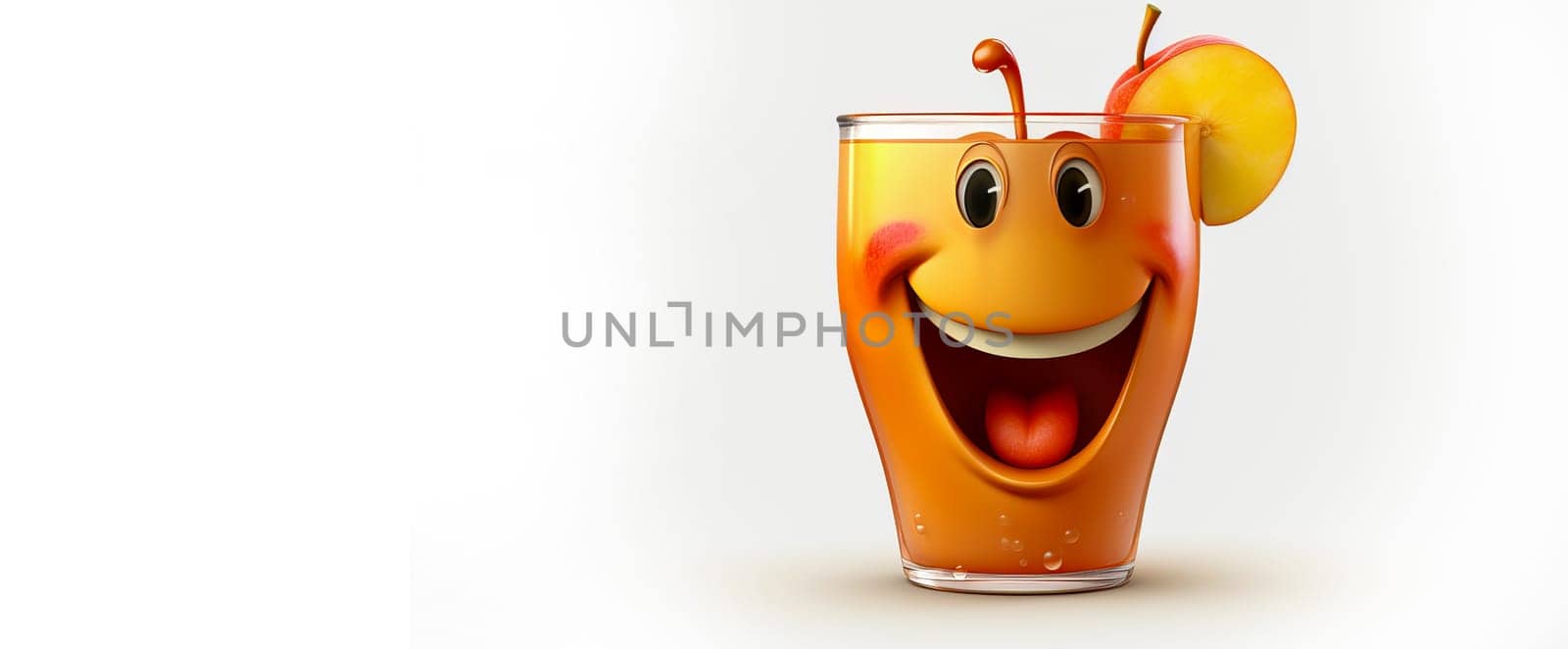 glass of apple juice with a cheerful face 3D on white background. Cartoon characters, three-dimensional character, healthy lifestyle, proper nutrition, diet, fresh vegetables and fruits, vegetarianism, veganism, food, breakfast, fun, laughter, banner