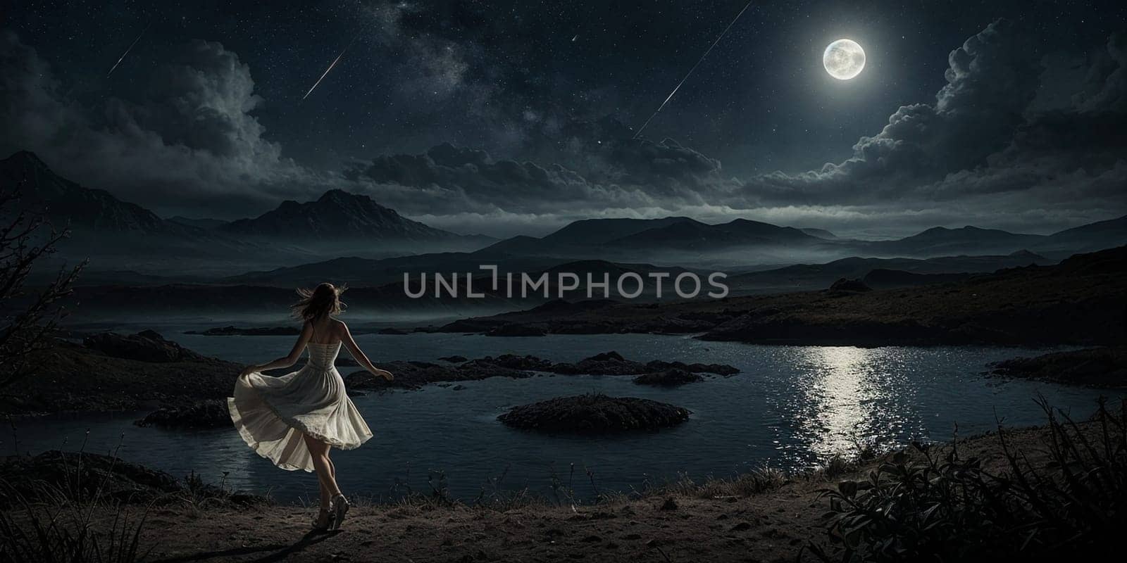 Beautiful girl by the light of the moon. High quality illustration