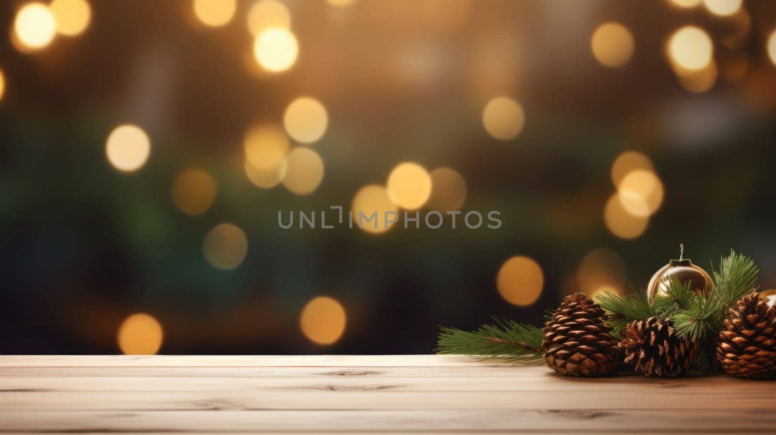 Merry Christmas and Happy New Year background with empty wooden table over Christmas tree and blurred light bokeh. Empty display for product placement. Rustic vintage Xmas 2024 background. comeliness