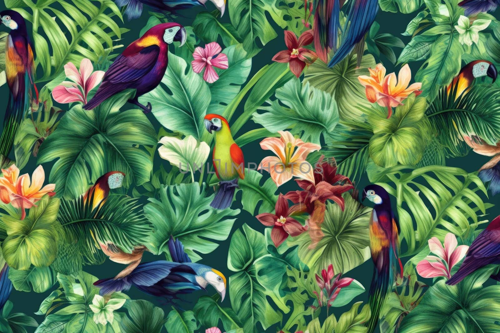 Tropical exotic pattern with animal and flowers in bright colors and lush vegetation. Ai Generative. by Benzoix