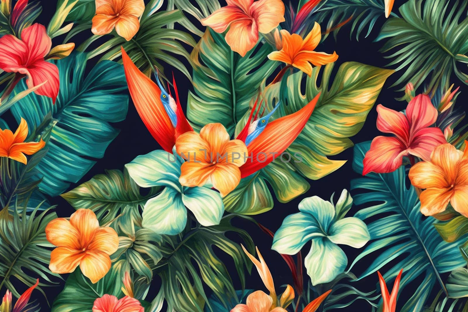 Tropical exotic pattern with animal and flowers in bright colors and lush vegetation. Ai Generative. by Benzoix