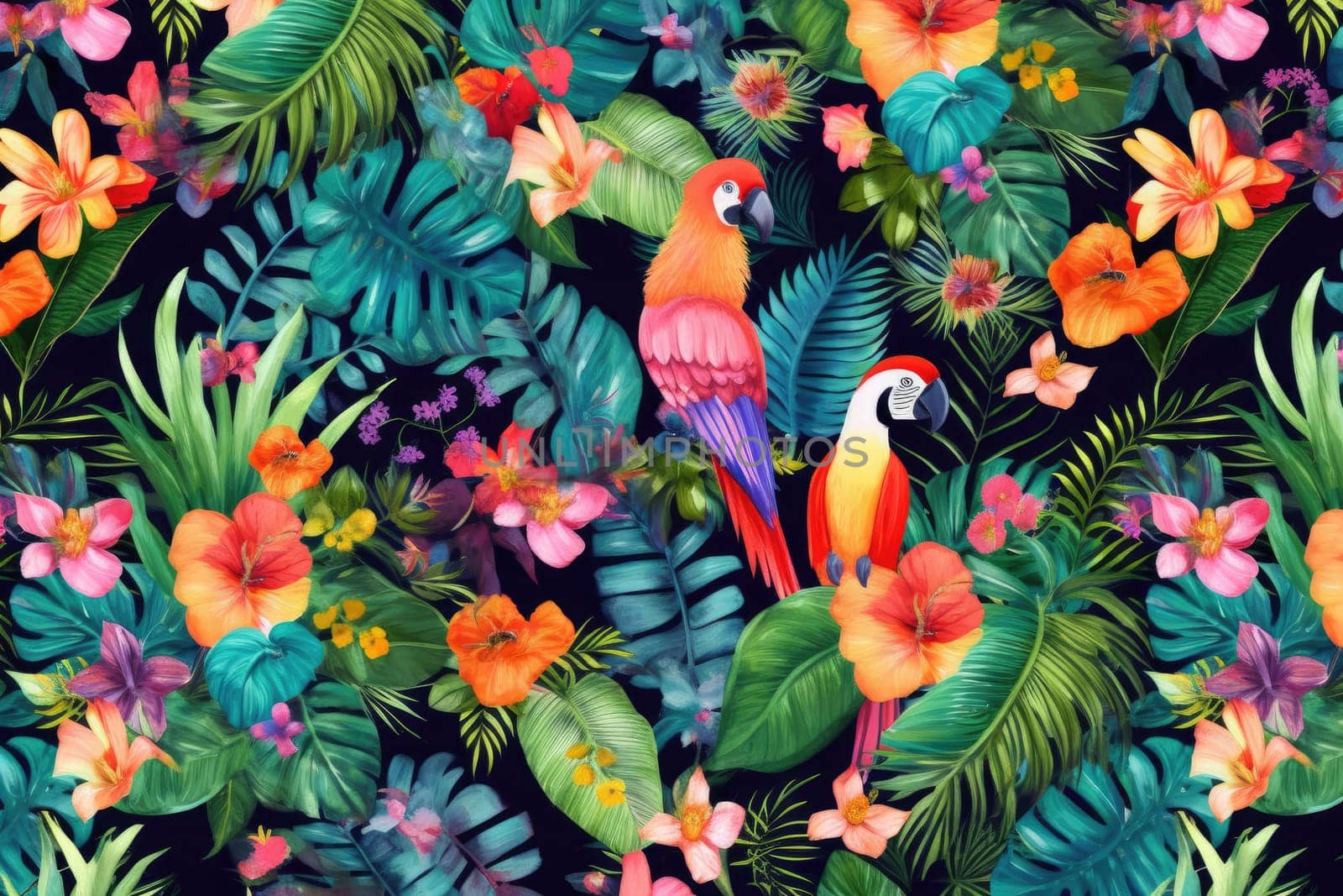 Tropical exotic pattern with animal and flowers in bright colors and lush vegetation. Ai Generative. by Benzoix