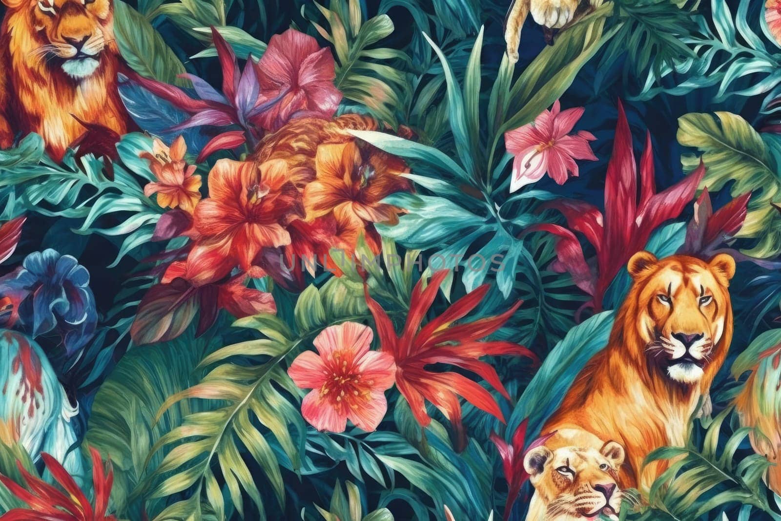 Tropical exotic pattern with animal and flowers in bright colors and lush vegetation. Ai Generative. by Benzoix