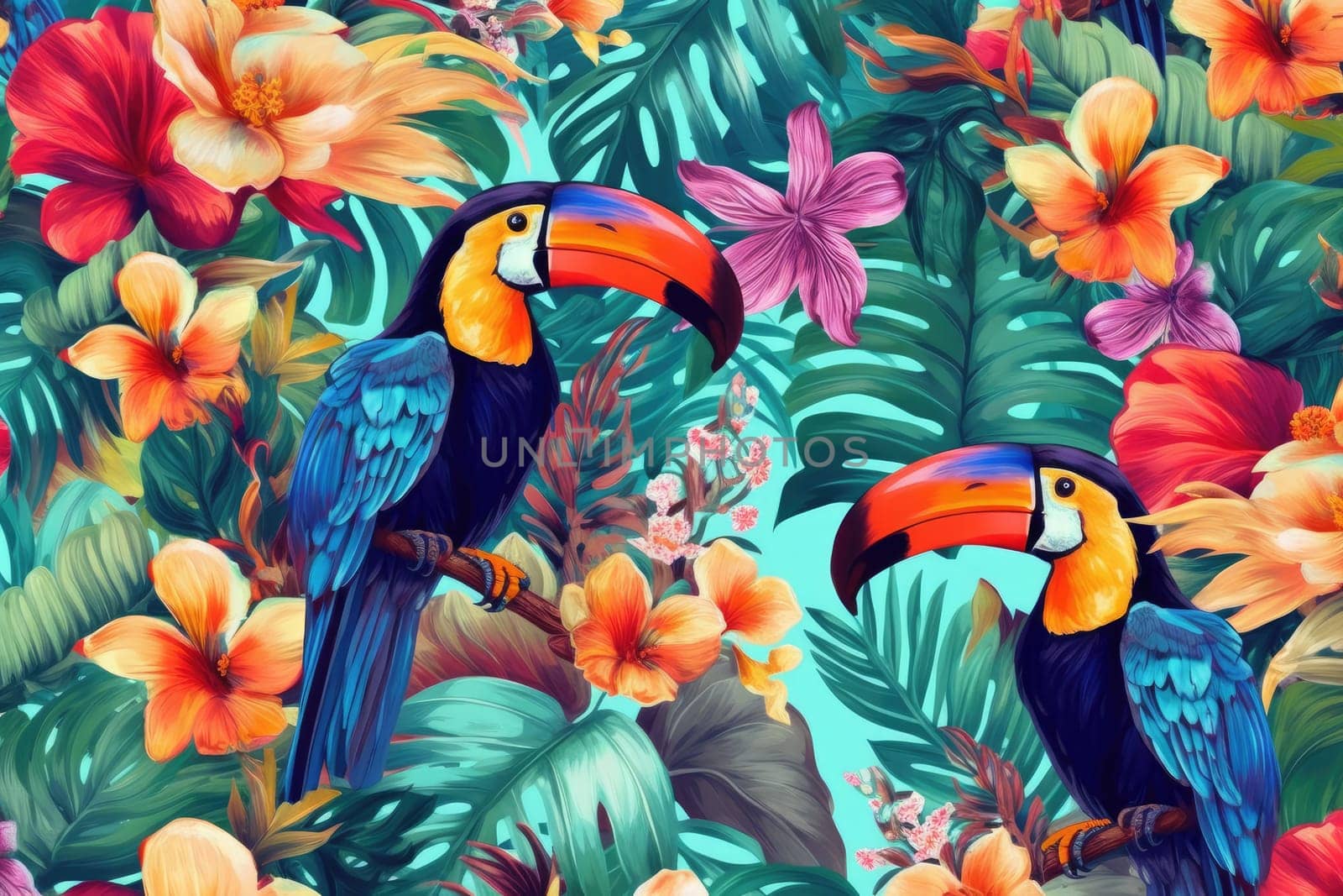 Tropical exotic pattern with animal and flowers in bright colors and lush vegetation. Ai Generative