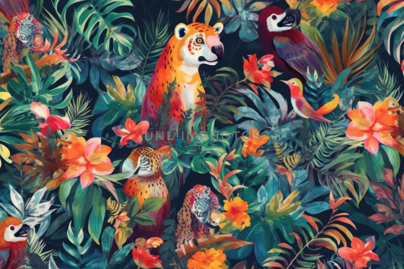 Tropical exotic pattern with animal and flowers in bright colors and lush vegetation. Ai Generative