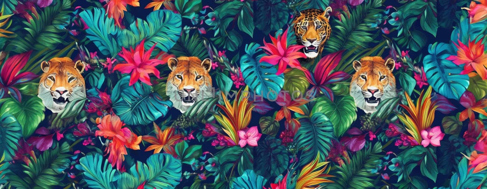 Tropical exotic pattern with animal and flowers in bright colors and lush vegetation. Ai Generative. by Benzoix