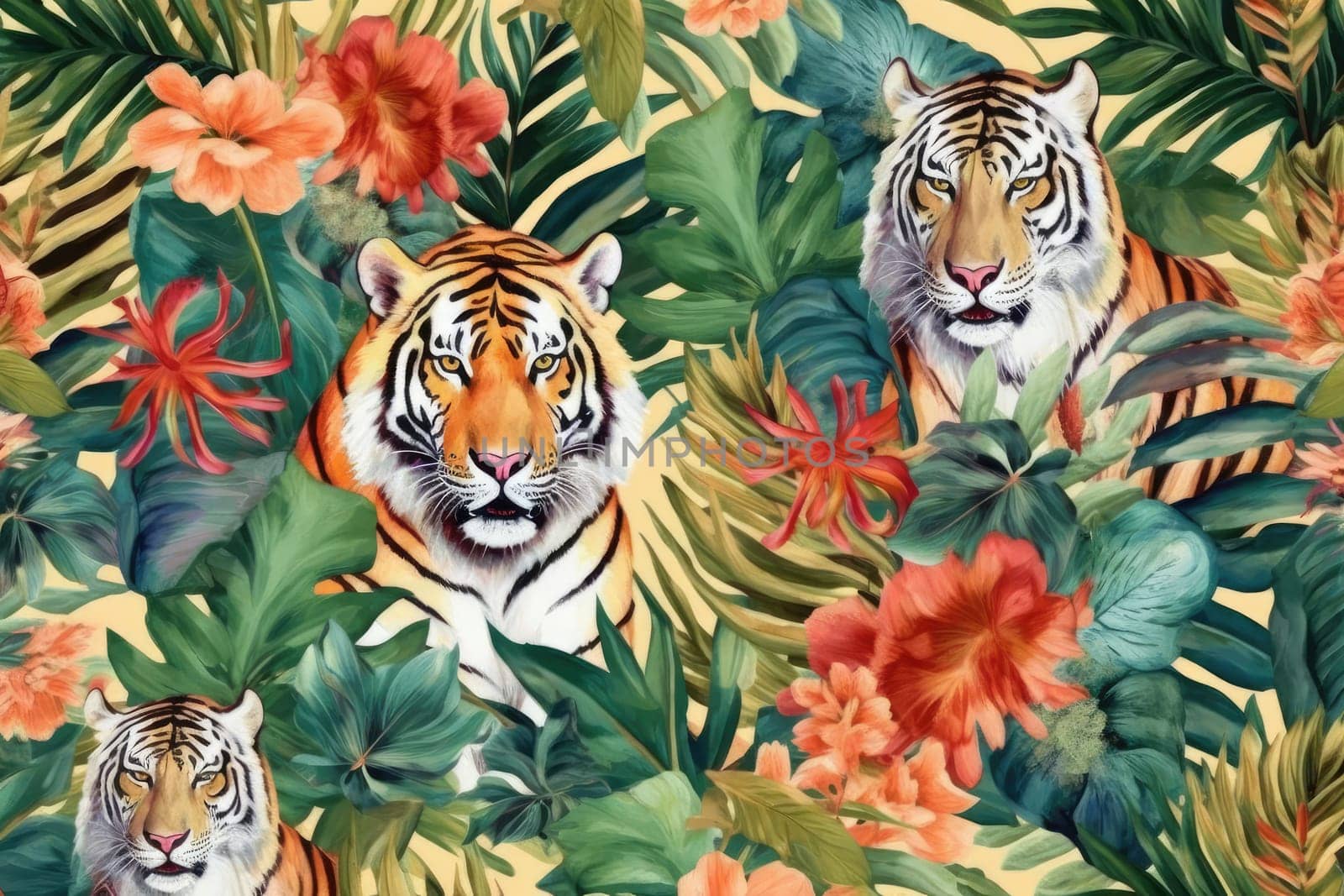 Tropical exotic pattern with animal and flowers in bright colors and lush vegetation. Ai Generative