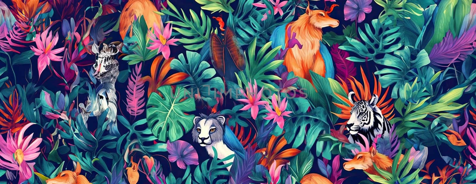 Tropical exotic pattern with animal and flowers in bright colors and lush vegetation. Ai Generative