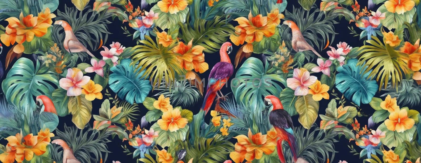 Tropical exotic pattern with animal and flowers in bright colors and lush vegetation. Ai Generative. by Benzoix