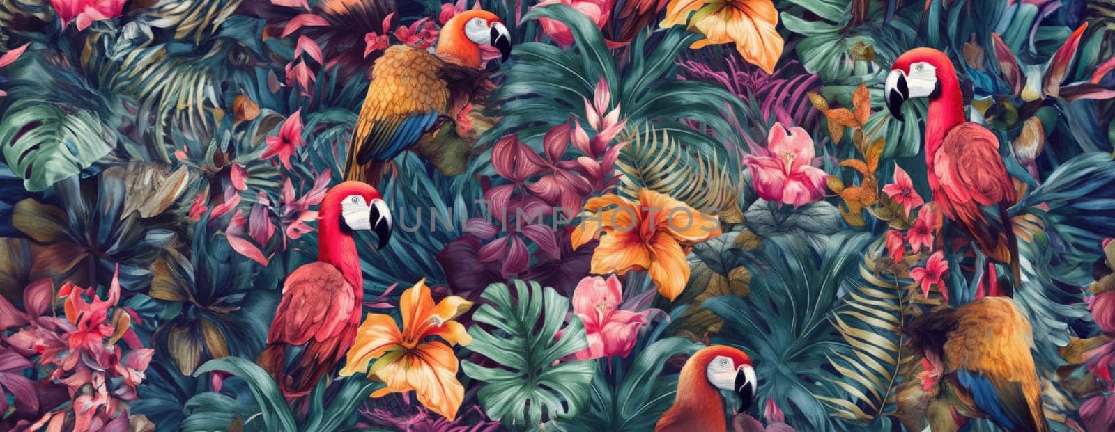 Tropical exotic pattern with animal and flowers in bright colors and lush vegetation. Ai Generative