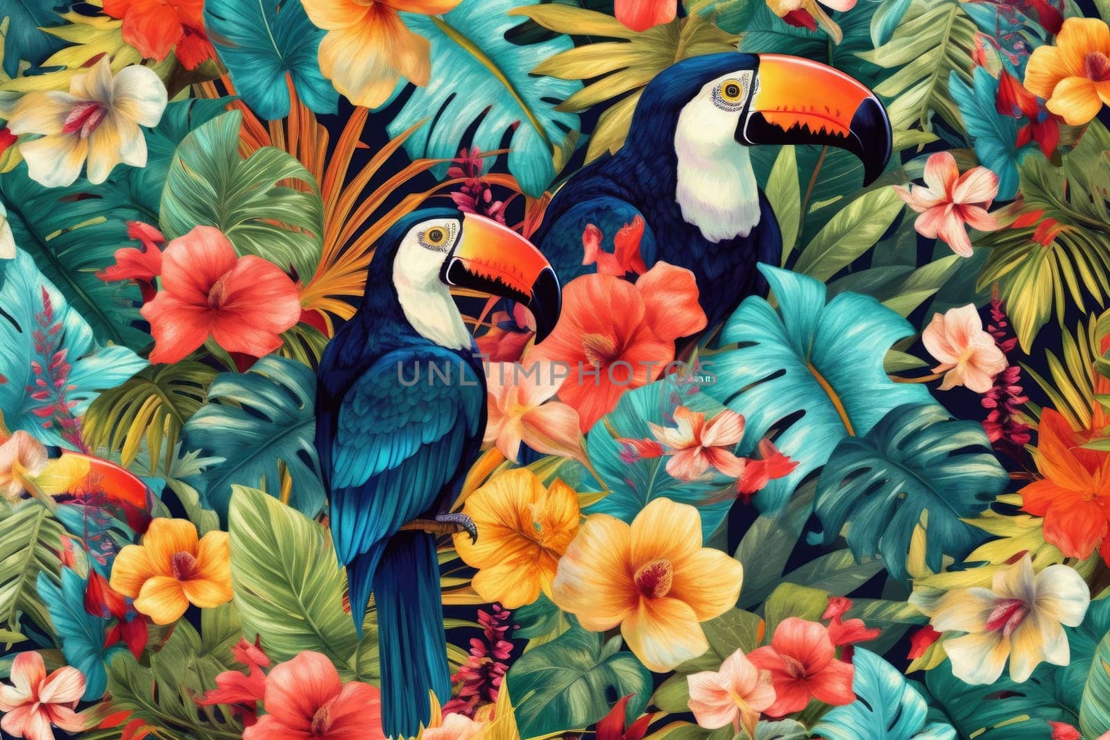 Tropical exotic pattern with animal and flowers in bright colors and lush vegetation. Ai Generative. by Benzoix