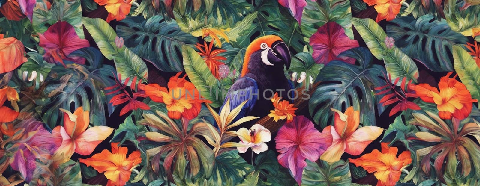 Tropical exotic pattern with animal and flowers in bright colors and lush vegetation. Ai Generative. by Benzoix