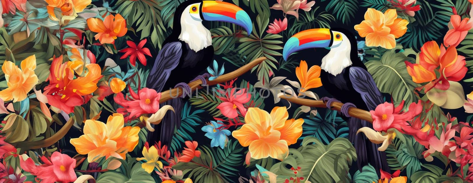 Tropical exotic pattern with animal and flowers in bright colors and lush vegetation. Ai Generative