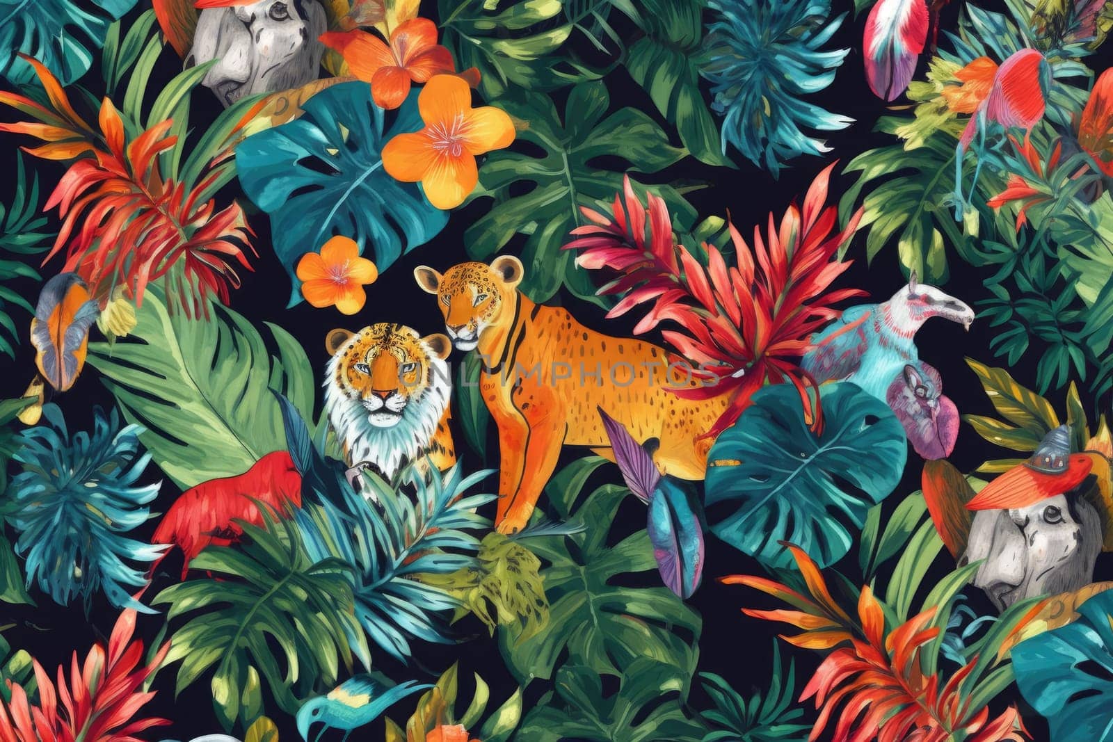 Tropical exotic pattern with animal and flowers in bright colors and lush vegetation. Ai Generative. by Benzoix