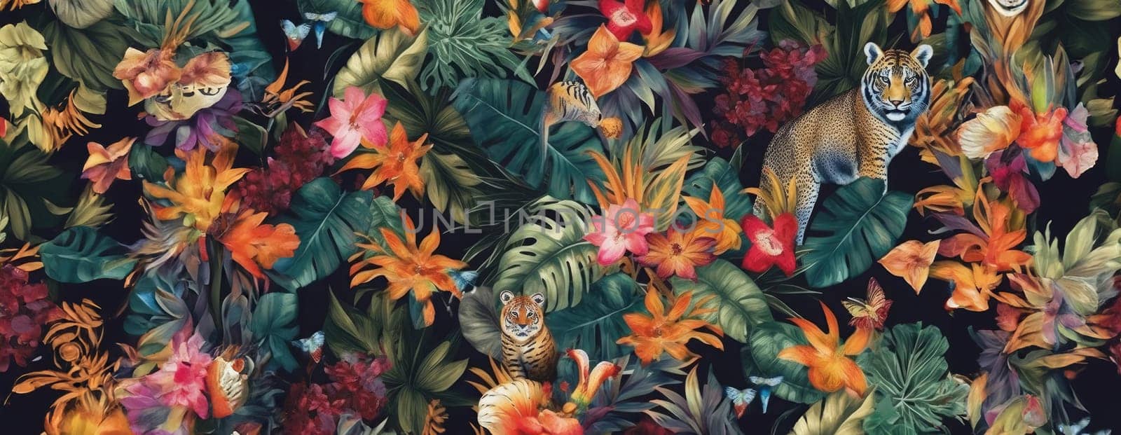 Tropical exotic pattern with animal and flowers in bright colors and lush vegetation. Ai Generative