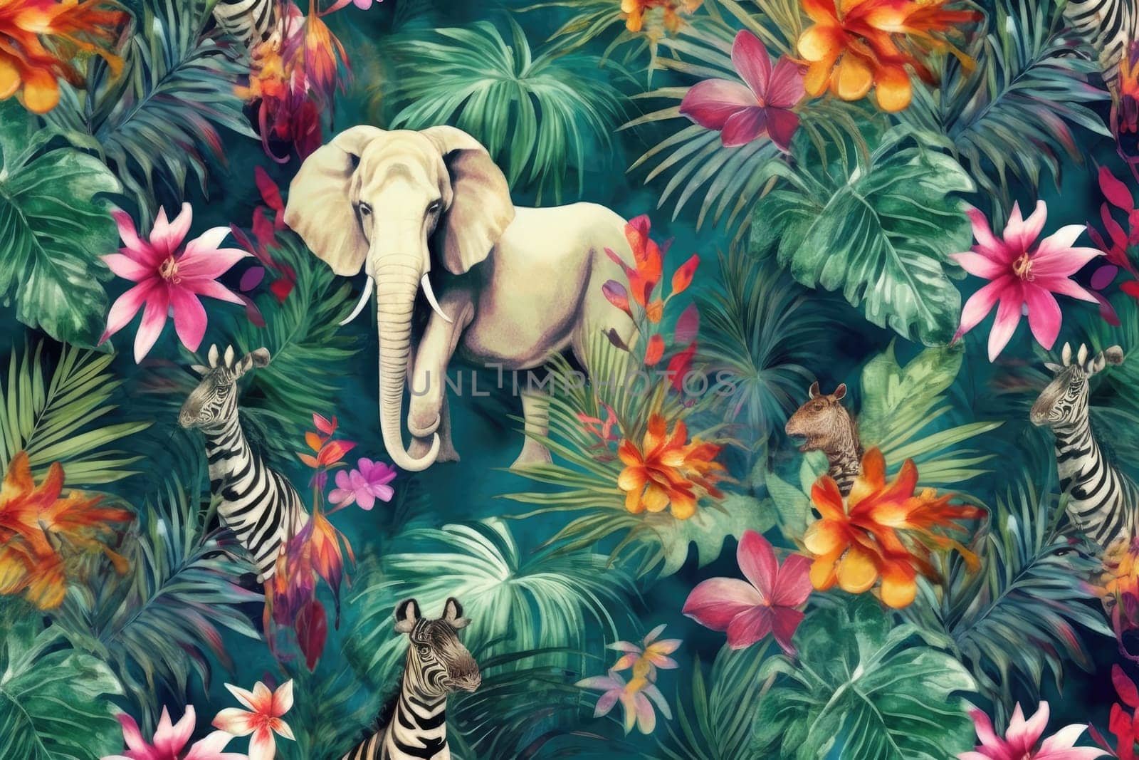 Tropical exotic pattern with animal and flowers in bright colors and lush vegetation. Ai Generative. by Benzoix