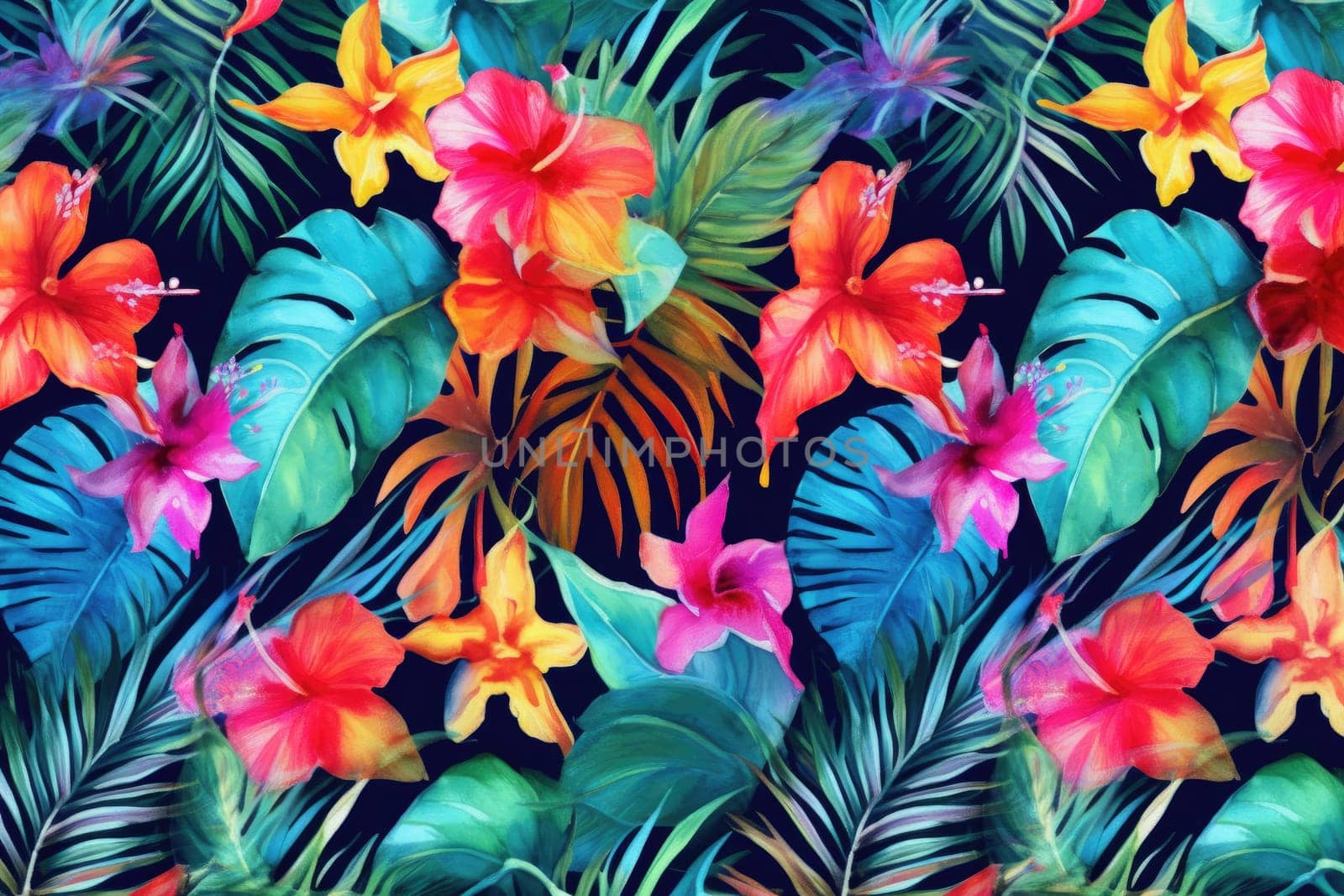 Tropical exotic pattern with animal and flowers in bright colors and lush vegetation. Ai Generative