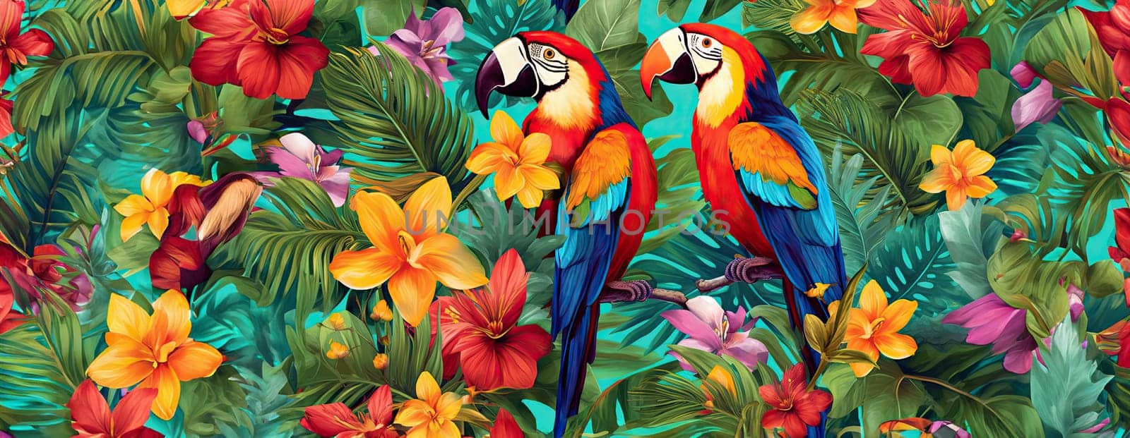 Tropical exotic pattern with animal and flowers in bright colors and lush vegetation. Ai Generative