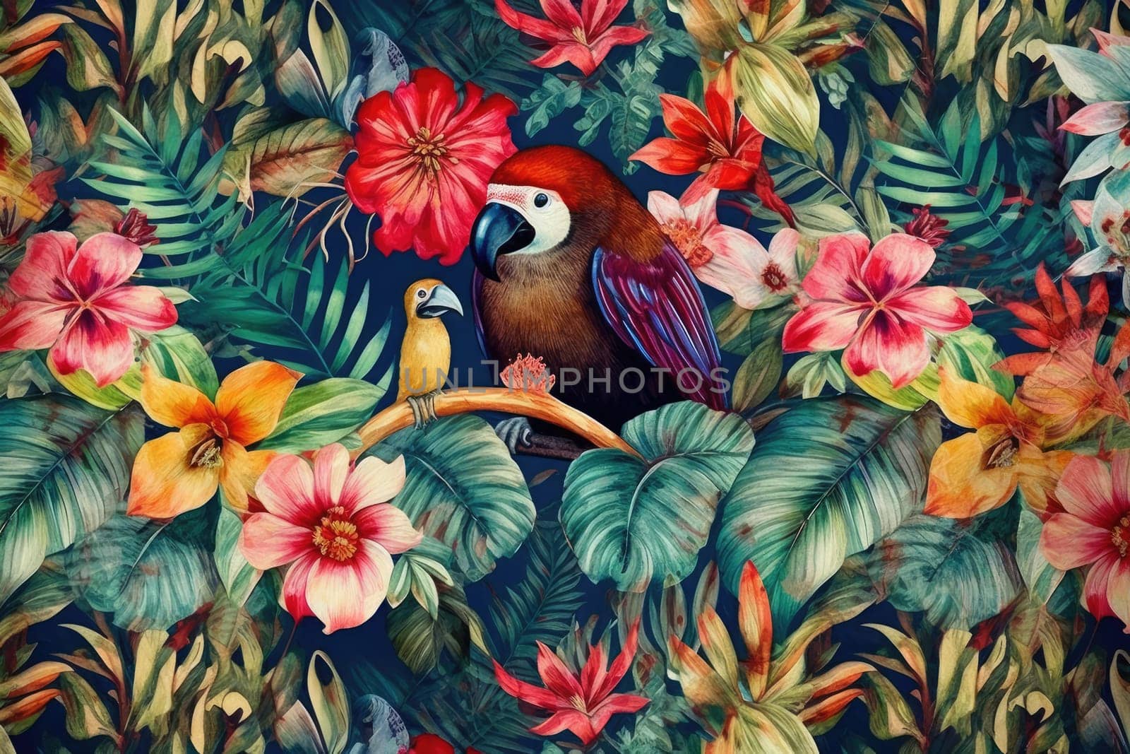 Tropical exotic pattern with animal and flowers in bright colors and lush vegetation. Ai Generative. by Benzoix