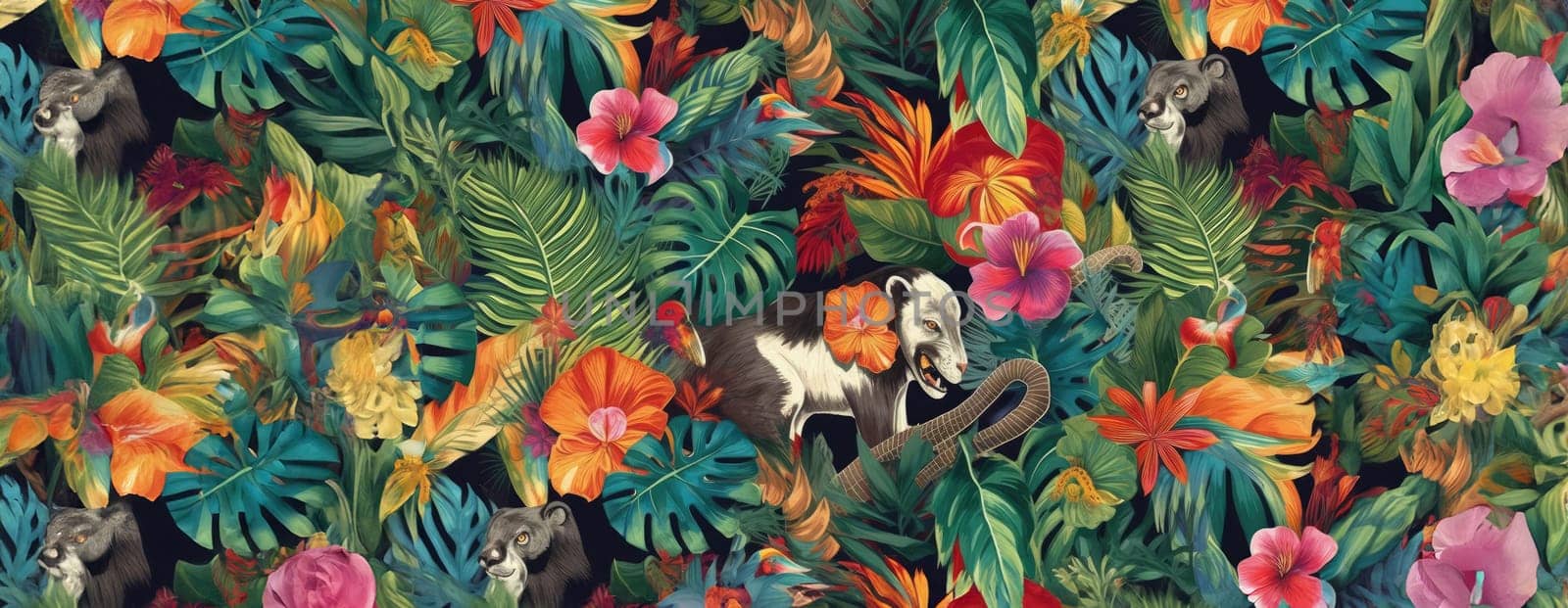 Tropical exotic pattern with animal and flowers in bright colors and lush vegetation. Ai Generative. by Benzoix