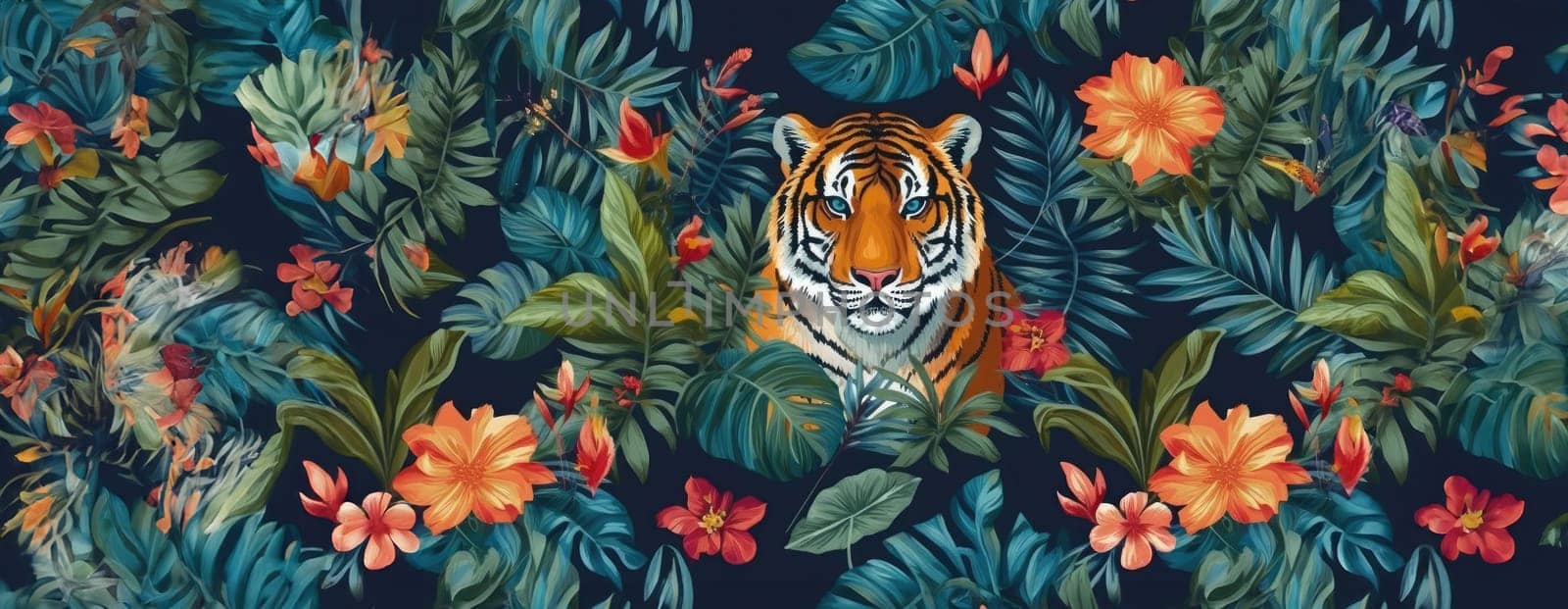 Tropical exotic pattern with animal and flowers in bright colors and lush vegetation. Ai Generative. by Benzoix