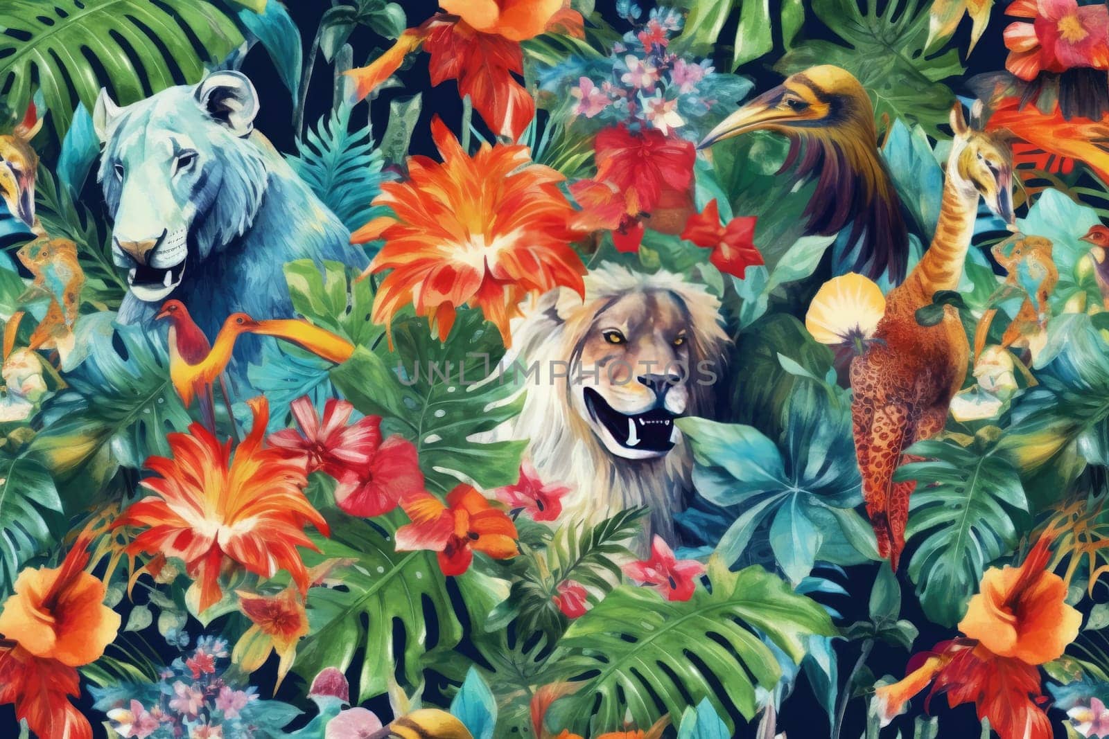 Tropical exotic pattern with animal and flowers in bright colors and lush vegetation. Ai Generative. by Benzoix