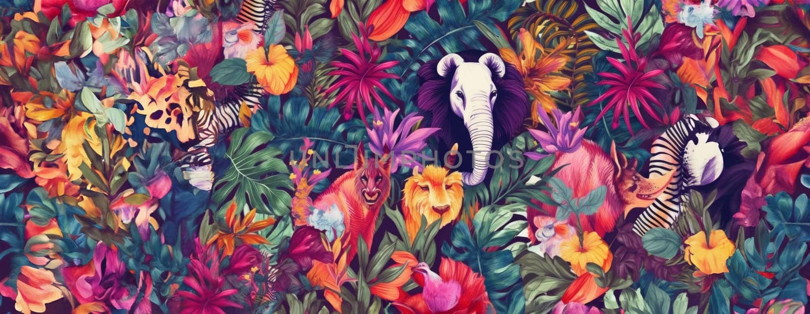 Tropical exotic pattern with animal and flowers in bright colors and lush vegetation. Ai Generative. by Benzoix