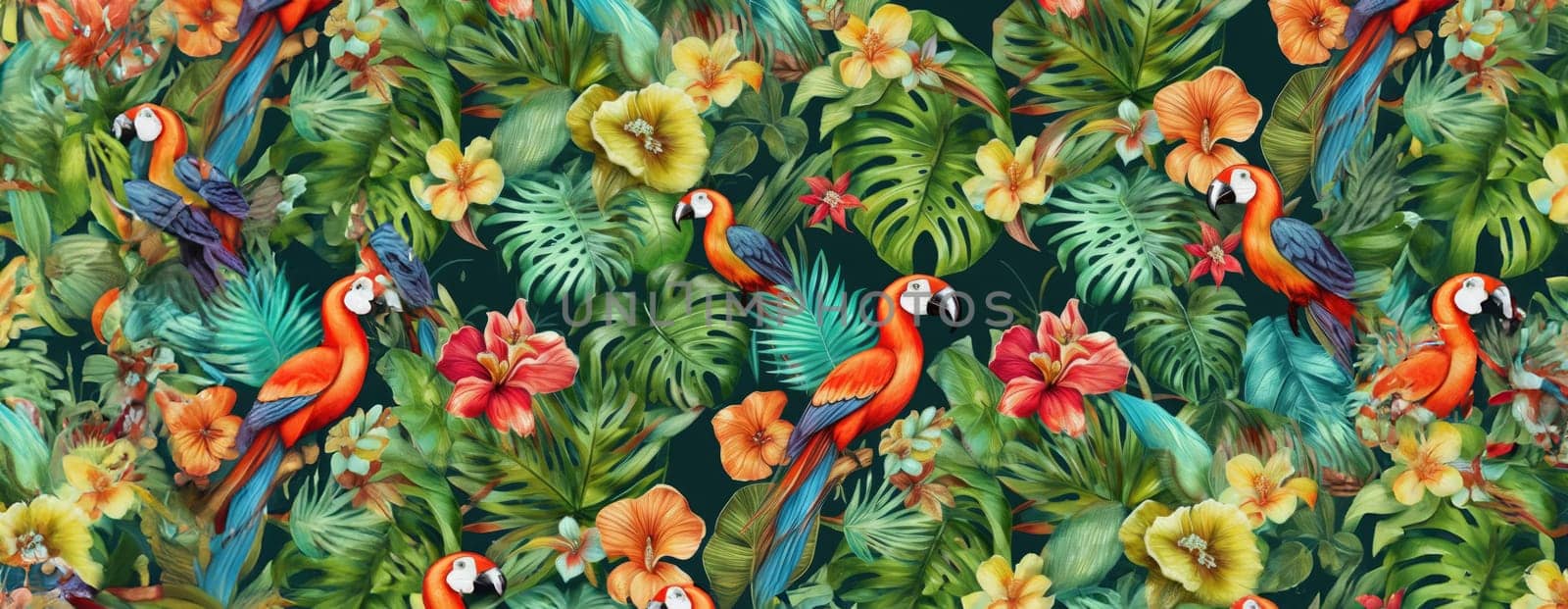 Tropical exotic pattern with animal and flowers in bright colors and lush vegetation. Ai Generative. by Benzoix