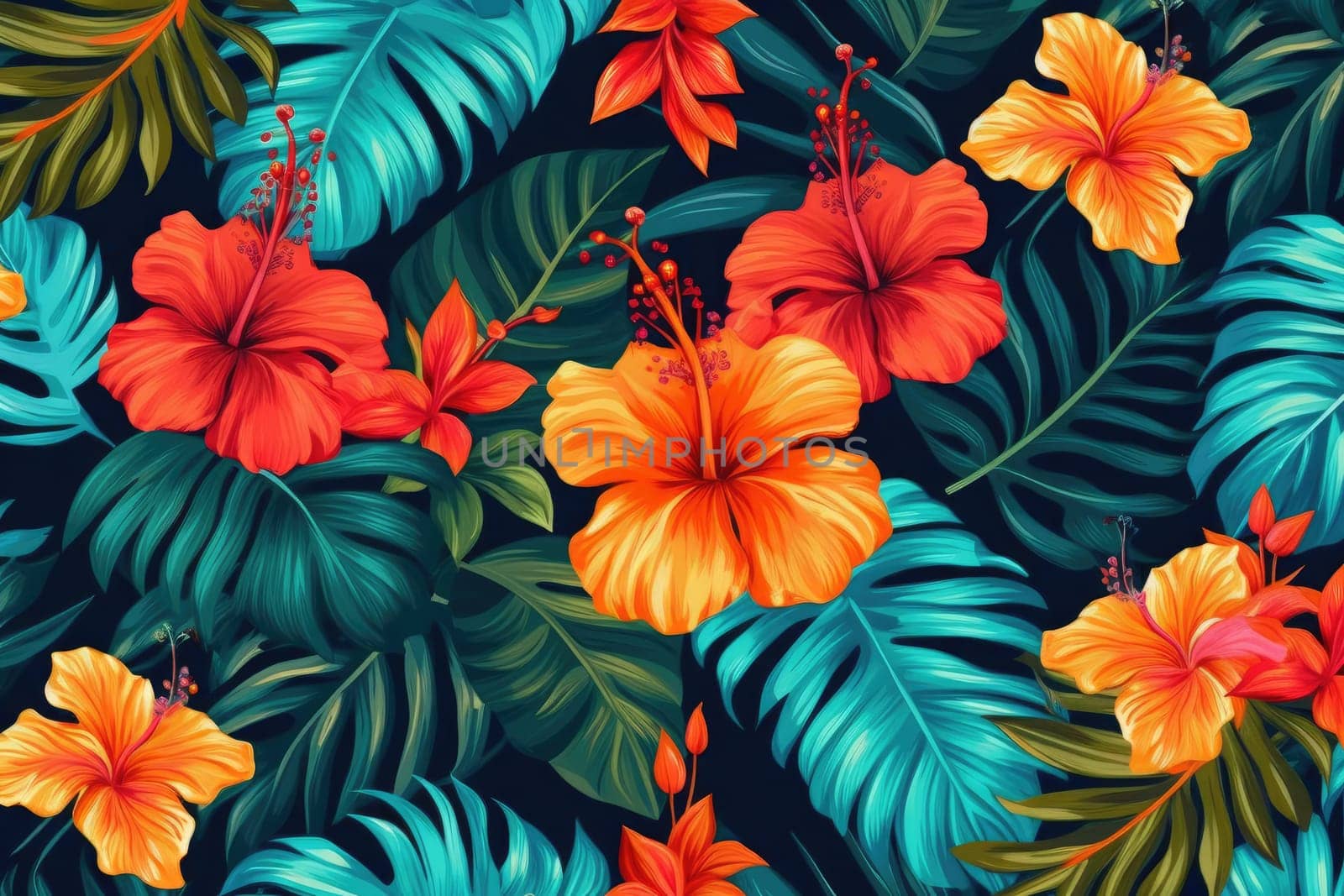 Tropical exotic pattern with animal and flowers in bright colors and lush vegetation. Ai Generative. by Benzoix